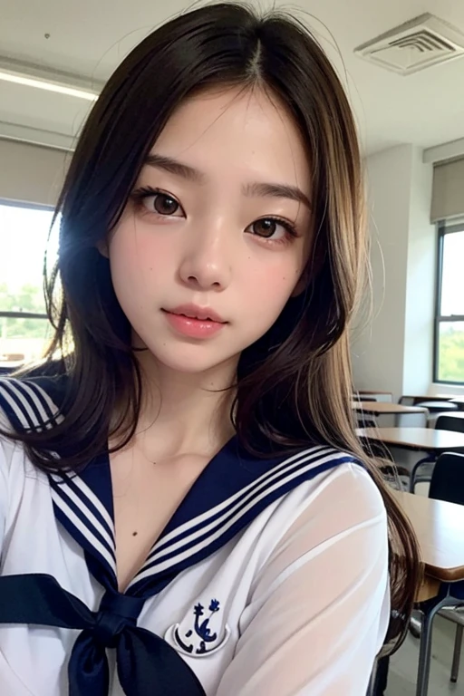 (masterpiece:1.3)、Super detailed finish、(High resolution、8k:1.3)、(highest quality、Super realistic like a photo:1.5)、professional lighting, sharp focus, ultra high definition face、Face is in focus、Ultra high definition and beautiful eyes、Eyes are symmetrical:1.3、High-definition and beautiful skin、firm skin、Ultra high definition hair texture、close up on face、high school girl、17 years old、(sailor suit:1.3)、(sexy pose, dynamic pose:1.2), cleavage:1.2、extra detailed sheer bra, by the classroom window、Very cute、very cute、natural make, glossy lips、I'm embarrassed by people staring at me、(Strange look), anxious look、blush:1.3, (embarrassed:1.3)、thin necklace、(looking sideways at the camera:1.2)、color々Photos from an angle、Face masks