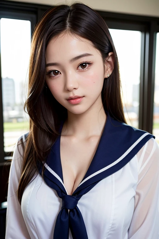 (masterpiece:1.3)、Super detailed finish、(High resolution、8k:1.3)、(highest quality、Super realistic like a photo:1.5)、professional lighting, sharp focus, ultra high definition face、Face is in focus、Ultra high definition and beautiful eyes、Eyes are symmetrical:1.3、High-definition and beautiful skin、firm skin、Ultra high definition hair texture、close up on face、high school girl、、(sailor suit:1.3)、(sexy pose, dynamic pose:1.2), cleavage:1.2、extra detailed sheer bra, by the classroom window、Very cute、very cute、natural make, glossy lips、I&#39;m embarrassed by people staring at me、(Strange look), anxious look、blush:1.3, (embarrassed:1.3)、thin necklace、(looking sideways at the camera:1.2)、color々Photos from an angle、Face masks