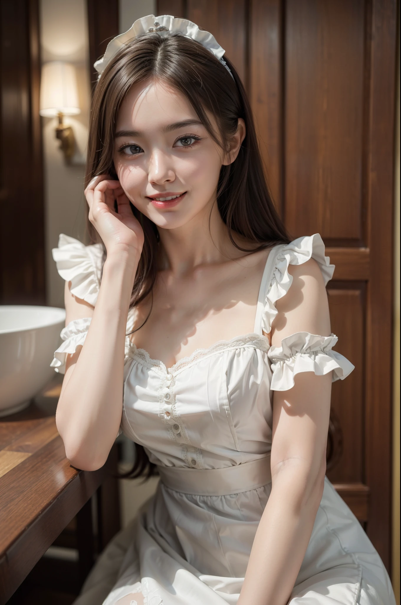 ((masterpiece)), (highest quality, 超High resolution, High resolution写真, 8k:1.2),(RAW Photos,:1.3), (Photorealistic:1.4), One girl , young, Professional Lighting, cute,, (detailed:1.4) Beautiful Face, (Captivating smile:1.2), Depth of written boundary, Add Layer, Cosplay, Cosplayer, Maid clothes, Maid&#39;s Headdress, Frills, Short skirt, Maid Apron, (Shiny oily skin:1.25), Sitting on a white carpet, pantyhose, Knee socks, Knee-high,((No makeup:1.2))、(Realistic、Photorealistic、超detailedな、最高のdetailedスキン、highest quality、masterpiece、超A high resolution)、cute日本の女性、17 years old、High school girl、young女の子、1 girl、Has bangs、double eyelid、purity、Double teeth、Realistic肌タイプ、Fluffy hair、Red cheeks、（Girly room）、Bright atmosphere、8K RAW Photos、High resolution、(Very large round breasts:1.6)、（Beautiful Eyes、detailedな目、It is detailed）、Long eyelashes、美しいdouble eyelid、Beautiful and very slim legs、（Beautiful and very slim thighs）,Simple Necklace、Short skirt、Quite embarrassed look、Red cheeks,Duck Mouth、Wicked Smile、Evil look、Beautiful and very slim legs、Beautiful and very slim thighs,、