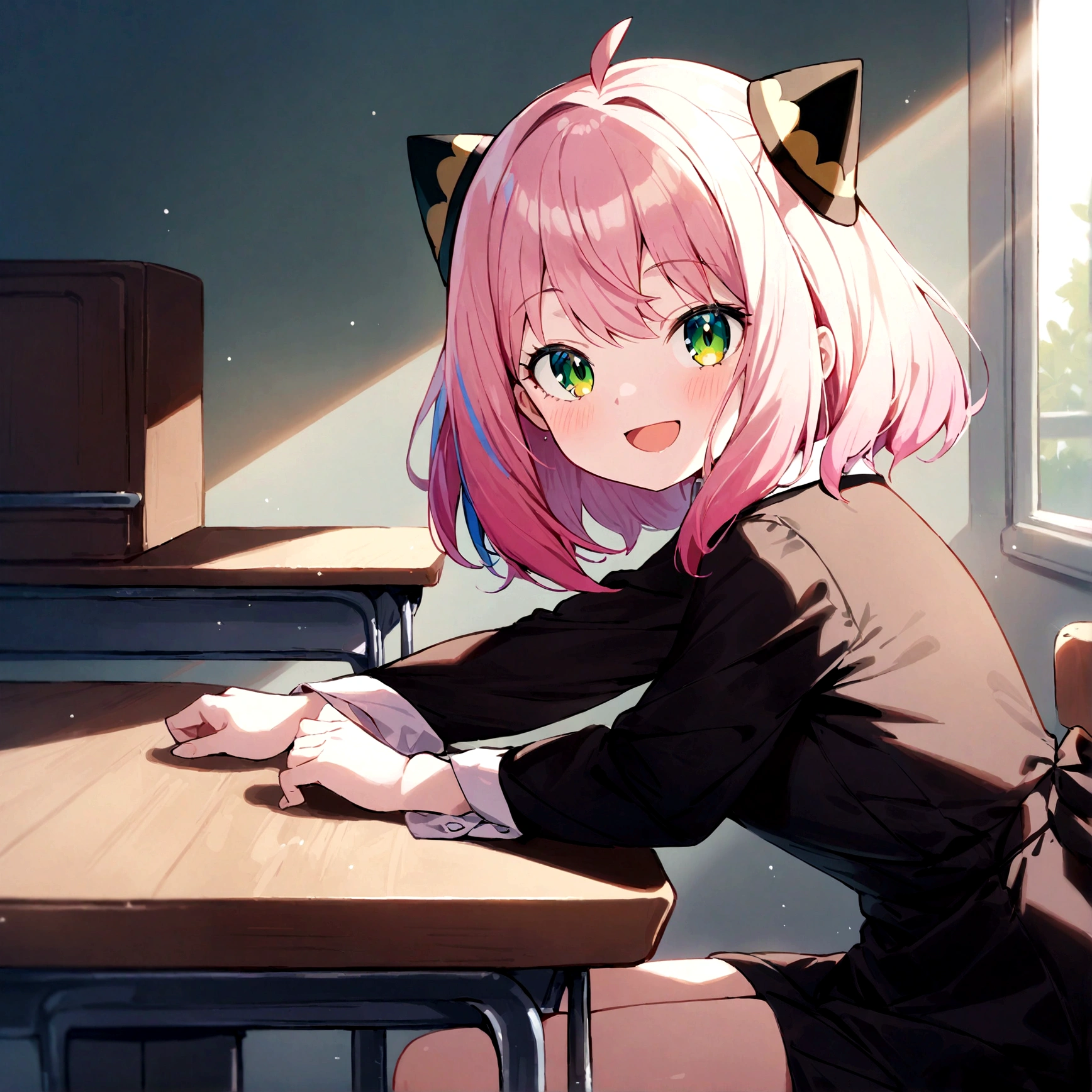 solo, 1girl, Anya forger/(spy x family/), masterpiece, best quality, very aesthetic, absurdres, pink hair, green eyes, short hair, black dress, collared shirt, smile, open mouth, looking at viewer, from side, sitting, desk, table, hair ornament