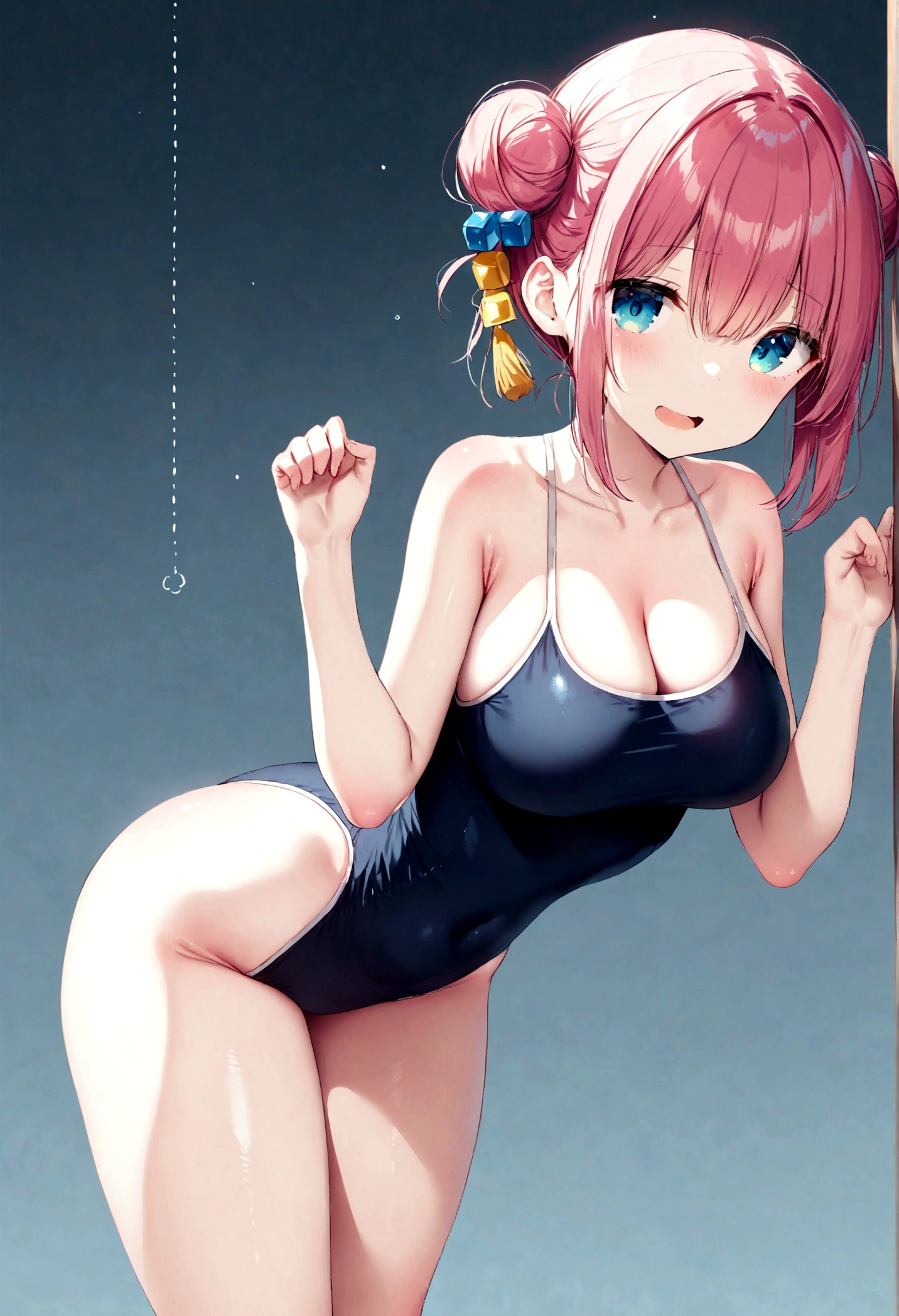 1girl,
gotoh hitori,bocchi the rock!,
gweda,ke-ta,hiten \(hitenkei\),ogipote,
one-piece swimsuit,open mouth,barefoot,full body,groin,dotted line,breasts,cleavage,watermark,looking at viewer,sidelocks,tassel,blunt bangs,alternate hairstyle,clenched hands,long hair,ass,hair between eyes,alternate costume,covered navel,turn pale,competition school swimsuit,hair ornament,very long hair,blush,hands up,pink hair,outstretched hand,gradient background,from side,nose blush,collarbone,cube hair ornament,double bun,blue background,leaning forward,hair bun,simple background,school swimsuit,large breasts,standing,:d,blue one-piece swimsuit,swimsuit,white background,smile,solo,blue eyes,own hands together,closed mouth,one side up,white one-piece swimsuit,straight hair,
sensitive,masterpiece,best quality,very aesthetic,absurdres