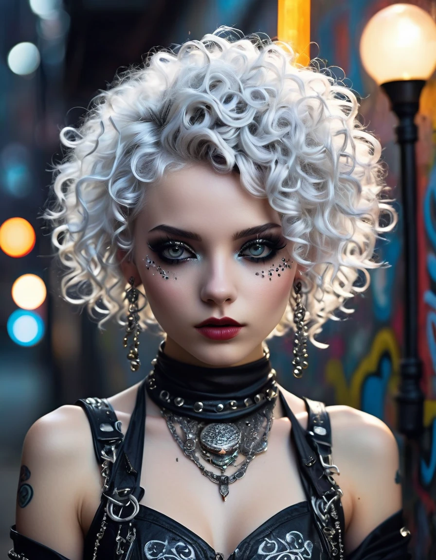 Punk style, Fantasy Gothic, 1 Girl, Curly white hair,Drape on shoulders,Silver eyes reflecting the moonlight,charming,Dressed in outfits reminiscent of late 2000s pop music videos,Her clothes are decorated with various metals and rivets,Her face is covered with multiple piercings,The skin is covered with intricate tattoos,Complementing her appearance,Under dim street lamps,Anatomically correct, Textured Skin, Standing in front of a graffiti style background,Add whimsy to the scene, Enhance the sharpness and modern feel of the scene,Sharp lines,Bold stroke numbers