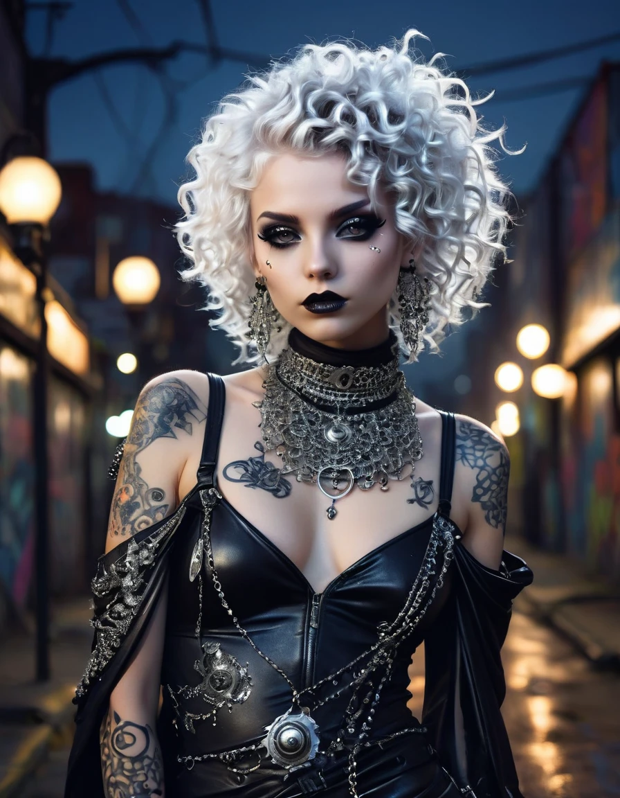 Punk style, Fantasy Gothic, 1 Girl, Curly white hair，Drape on shoulders，Silver eyes reflecting the moonlight，charming，Dressed in outfits reminiscent of late 2000s pop music videos，Her clothes are decorated with various metals and rivets，Her face is covered with multiple piercings，The skin is covered with intricate tattoos，Complementing her appearance，Under dim street lamps，Anatomically correct, Textured Skin, Standing in front of a graffiti style background，Add whimsy to the scene, Enhance the sharpness and modern feel of the scene，Sharp lines，Bold stroke numbers