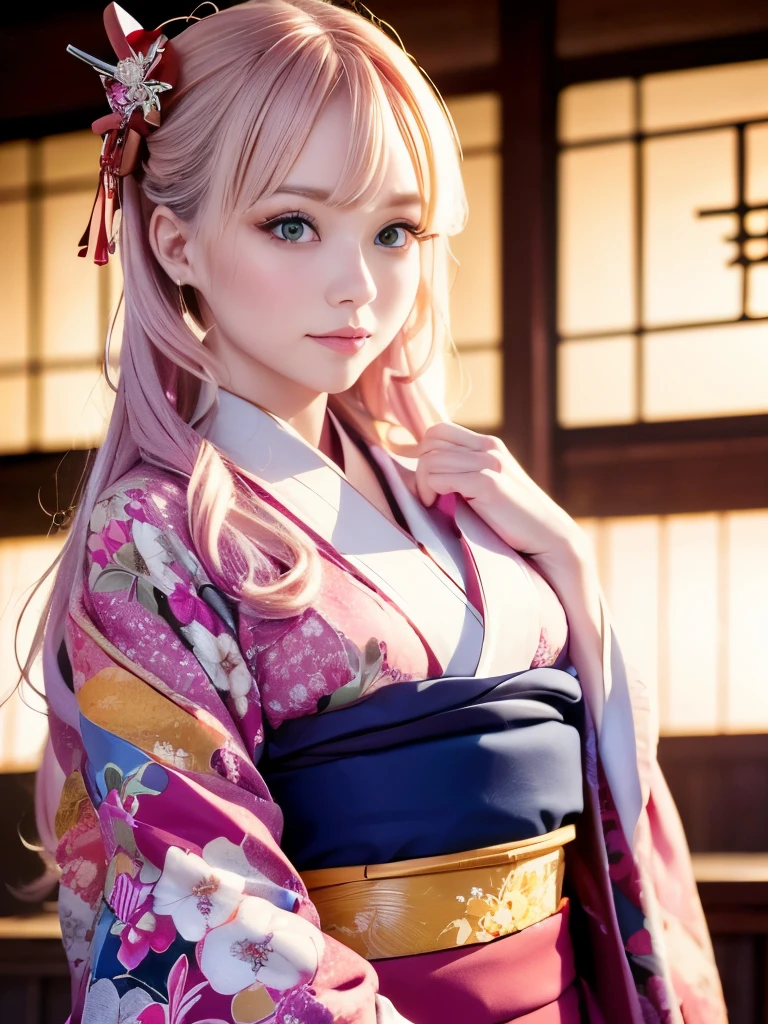 (超detailed,美しい目とdetailedな顔,masterpiece sidelighting,masterpiece,highest quality,detailed,High resolution illustrations),, (One girl,whole body,beautiful girl,Shiny skin,Looking down,View Viewer),, (Pink Hair,blue eyes,Hairpin,kimono, Japanese Kimono), (Wearing a kimono_Underbust:1.2),Underbust, Oiran,