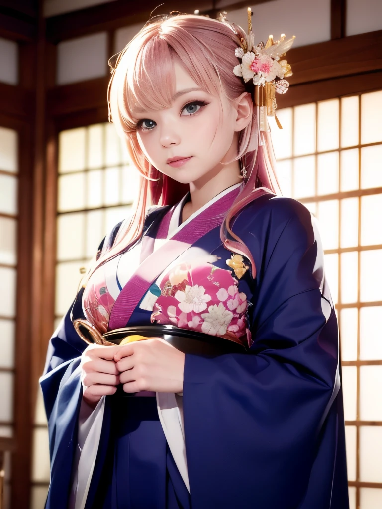 (超detailed,美しい目とdetailedな顔,masterpiece sidelighting,masterpiece,highest quality,detailed,High resolution illustrations),, (One girl,whole body,beautiful girl,Shiny skin,Looking down,View Viewer),, (Pink Hair,blue eyes,Hairpin,kimono, Japanese Kimono), (Wearing a kimono_Underbust:1.2),Underbust, Oiran,