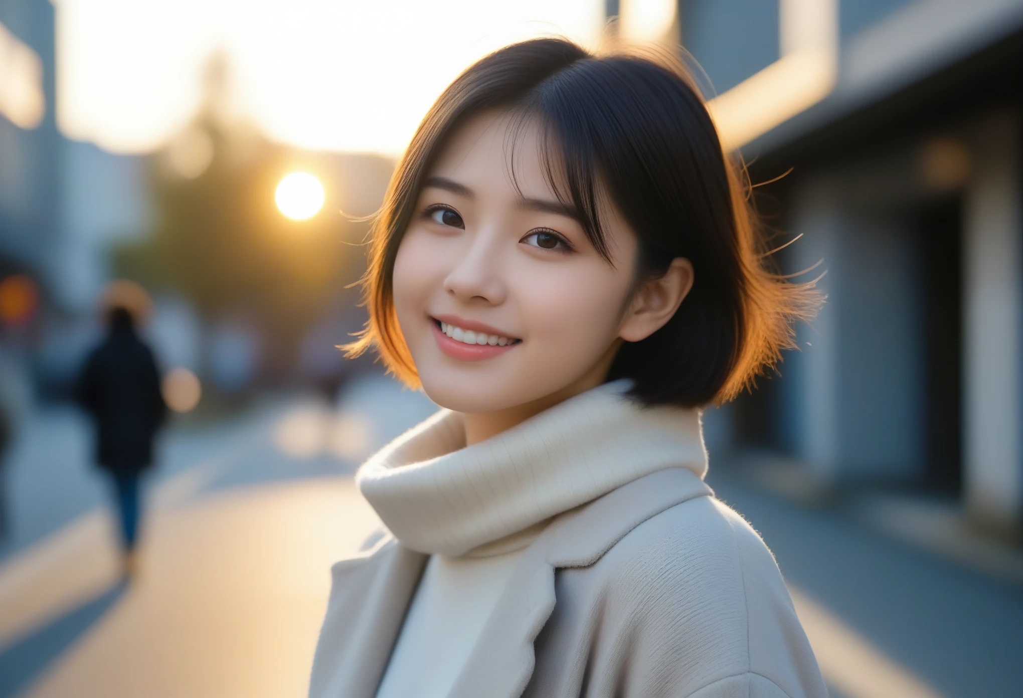 8k, Ultra-high resolution, highest quality, masterpiece, Surreal, photograph, 1 girl, (16 years old:1.3), cute girl, cute face, Beautiful eyes in every detail, masterpiece, highest quality, (highest quality,masterpiece:1.3,Ultra-high resolution),(Very detailed,Caustics,8k),(Realistic:1.4,RAW shooting),At dusk,sunset,Warm Light,Backlight,Backlight,wonderful,Lens flare,street,24-years-old,cute,Japanese,Short black hair,The best smile,big ,down coat,Turtleneck sweater,Long skirt,Low position,Low - Angle,Blur the background,Natural light , (((whole body))),、super cute super model、Look closely at the camera 、wonderful details、detailed、Surreal、Light and shadow,Strong light,Fashion magazine cover,Thin lips