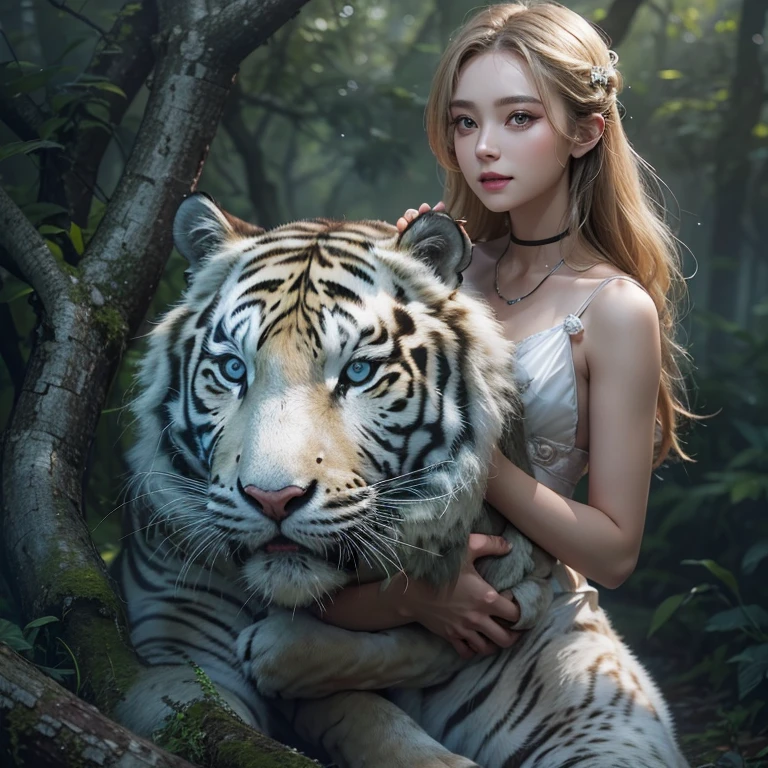 Standing in the forest、Hair flow、 ((highest quality、masterpiece、8k、Best image quality、Ultra-high resolution、Award-winning works)、(Accurate anatomy:1.1)、(Look at me and smile:1.1)、Shining fair skin with Ultra-high resolution、The most detailed face、Ultra-high resolution detailed face、Ultra-high resolutionのblond hair、(Ultra-high resolution eye:1.1)、Beautiful face drawn in every detail、Traditional Russian costume , Chest to chest, Strange atmosphere, Next to him stands a real white tiger, Dark Light, in the forest , Heavy makeup