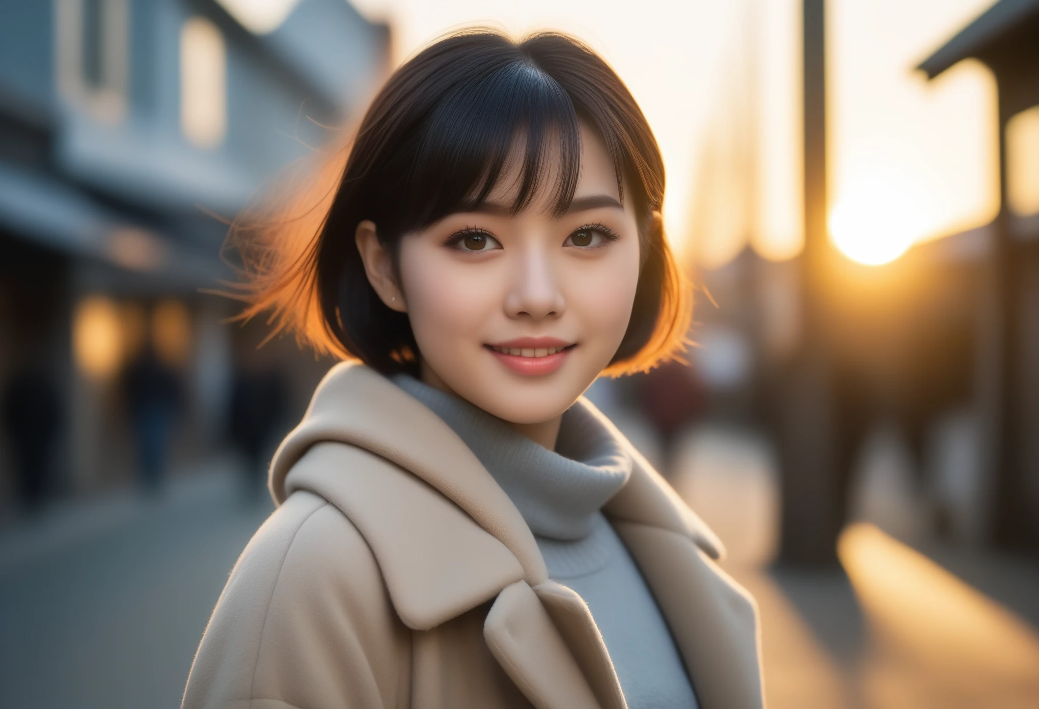 8k, Ultra-high resolution, highest quality, masterpiece, Surreal, photograph, 1 girl, (:1.3), cute girl, cute face, Beautiful eyes in every detail, masterpiece, highest quality, (highest quality,masterpiece:1.3,Ultra-high resolution),(Very detailed,Caustics,8k),(Realistic:1.4,RAW shooting),At dusk,sunset,Warm Light,Backlight,Backlight,wonderful,Lens flare,street,24-years-old,cute,Japanese,Short black hair,The best smile,big ,down coat,Turtleneck sweater,Long skirt,Low position,Low - Angle,Blur the background,Natural light , (((whole body))),、super cute super model、Look closely at the camera 、wonderful details、detailed、Surreal、Light and shadow,Strong light,Fashion magazine cover,Thin lips