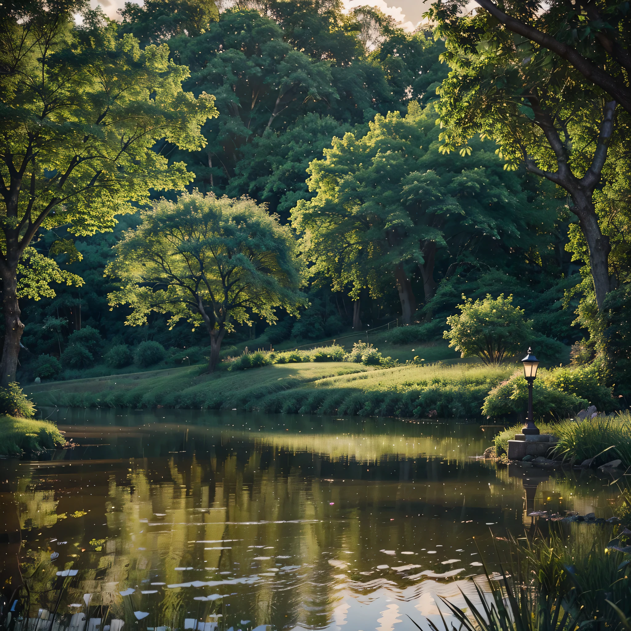 Detailed background,( Peaceful spring night scenery), Amidst the lush greenery, beautiful scenery, ,  early morning, sunrise sky, Beautiful clouds, Dappled sunlight, Outdoor seating, a lamp, Tranquil lake, Depth of Field, masterpiece, best quality, Extremely detailed, very beautiful, illustration, Perfect composition, Intricate details, absurd, Mood lighting, wisps of light, No humans, hyper realistic 8k ultra hd 