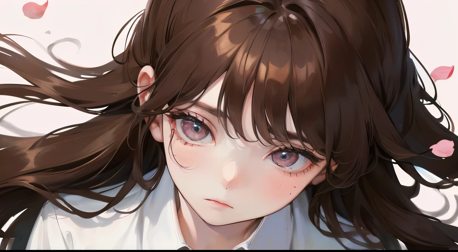 (((Looking down)))、(((View from above)))、((1 person)),Masterpiece,best quality, (Depressed expression))), ,((White shirt))、((Pale pink background))、((White petals fluttering)),determined expression, Upper body diagram、 (Highest Resolution、Clear_image)、Best Quality、Light and shadow contrast、((illumination))、Very detailed、Semi-realistic、Semi-long hairstyle、Brown Hair、bangs、19 years old、　Lady,,young、((View from top))、Delicate Facial Features