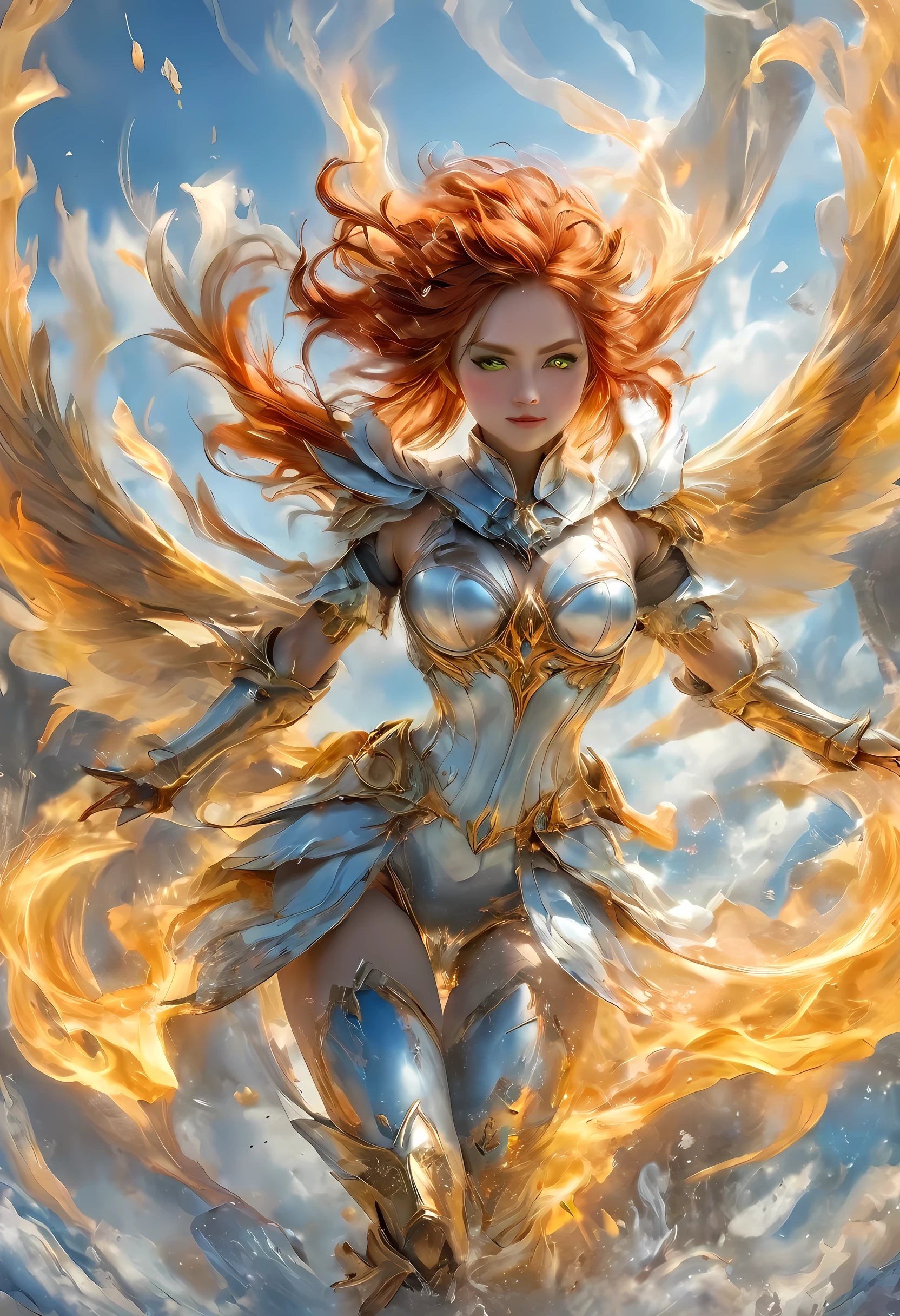 16k, ultra detailed, masterpiece, best quality, (extremely detailed), arafed, dnd art, panoramic view, full body, aasimar, female, (Masterpieceת intense details:1.3), female, sorceress, casting flaming spell(Masterpieceת intense details:1.3) large feathered wings,  (azure: 1.3) angelic wings spread (Masterpieceת intense details:1.3), fantasy magical heaven background (Masterpieceת intense details:1.3), moon, stars, clouds, wearing white armor (Masterpieceת intense details:1.3), high heeled boots (Masterpieceת intense details:1.3), armed with staff, (red hair: 1.4), (green eyes: 1.4), intense eyes, ultra feminine, ultra detailed face, (Masterpieceת intense details:1.5), (anatomically correct: 1.5), determined face, divine light, cinematic lighting, soft light, silhouette, photorealism, panoramic view ((Masterpieceת intense details:1.3) , Wide-Angle, Ultra-Wide Angle, 16k, highres, best quality, faize, 3D rendering, flame spirit