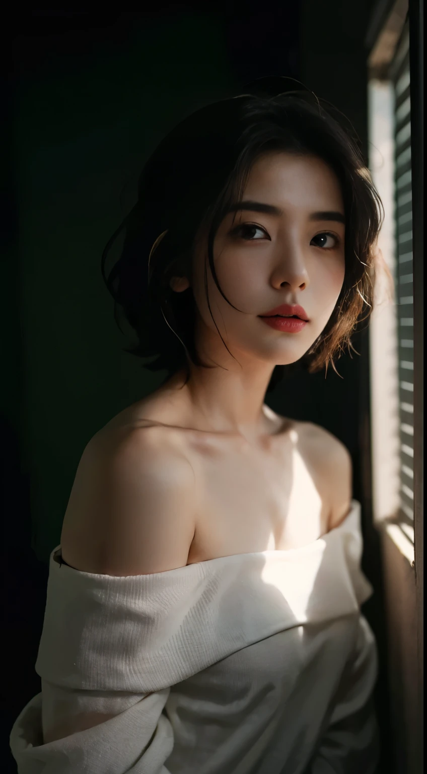 best quality, masterpiece, Ultra-high resolution, (Reality:1.5), RAW photos, 1 Girl, Off-shoulder, in the darkness, Deep Shadows, Low profile, Cold Light, Sexy look, short hair, swimsuit