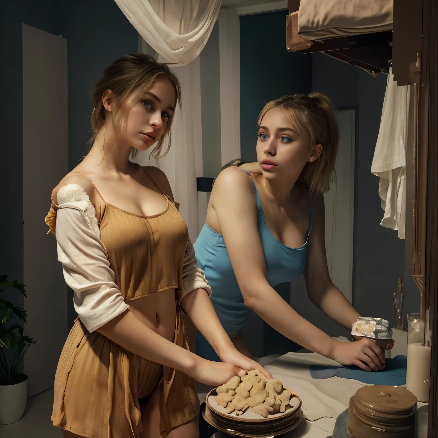 Oman with matching tank top and panties, sexy girl with blue eyes, who Portrait of Sophie Mudd, Portrait of Corinna Kopf, blonde hair and big eyes, selfie of a young woman, ohne Makeup, natural makeup, Look directly into the camera , Face with Artgram, subtle makeup, Stunning full body photo, in the bedroom, big breasts, blonde, Latin

