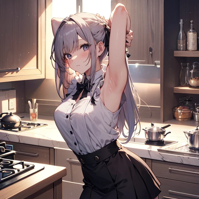 A maids, (in kitchen), various hair styles, night, details face, short skirt, seducing, sleeveless, maid uniform, armpits