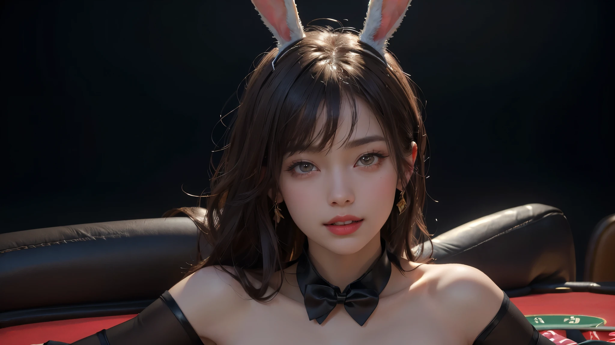 (highest quality, 8k, 32k, masterpiece, Ultra-high resolution):1.2, Blurred Background, Great photo with beautiful saturation, Ultra-high resolution,(Realistic:1.4)),Deep Shadow,(highest quality), ultra Realistic,32k,Highly detailed CG Unity, Expressive eyes, Perfect Face, Perfect Anatomy, Perfect body, scene, One girl, Open your mouth, Brown eyes, Long Hair, Close-up portrait , (casino), Cowboy Shot, Exposing shoulders, (Black pantyhose), bow tie, Bunny ears, (Wrist cuff, Detachable collar), fake animal ears, Playboy Bunny, red bow tie, (Leather leotard), Strapless Leotard, Elbow hand pockets,(I can see your chest),An inviting smile
