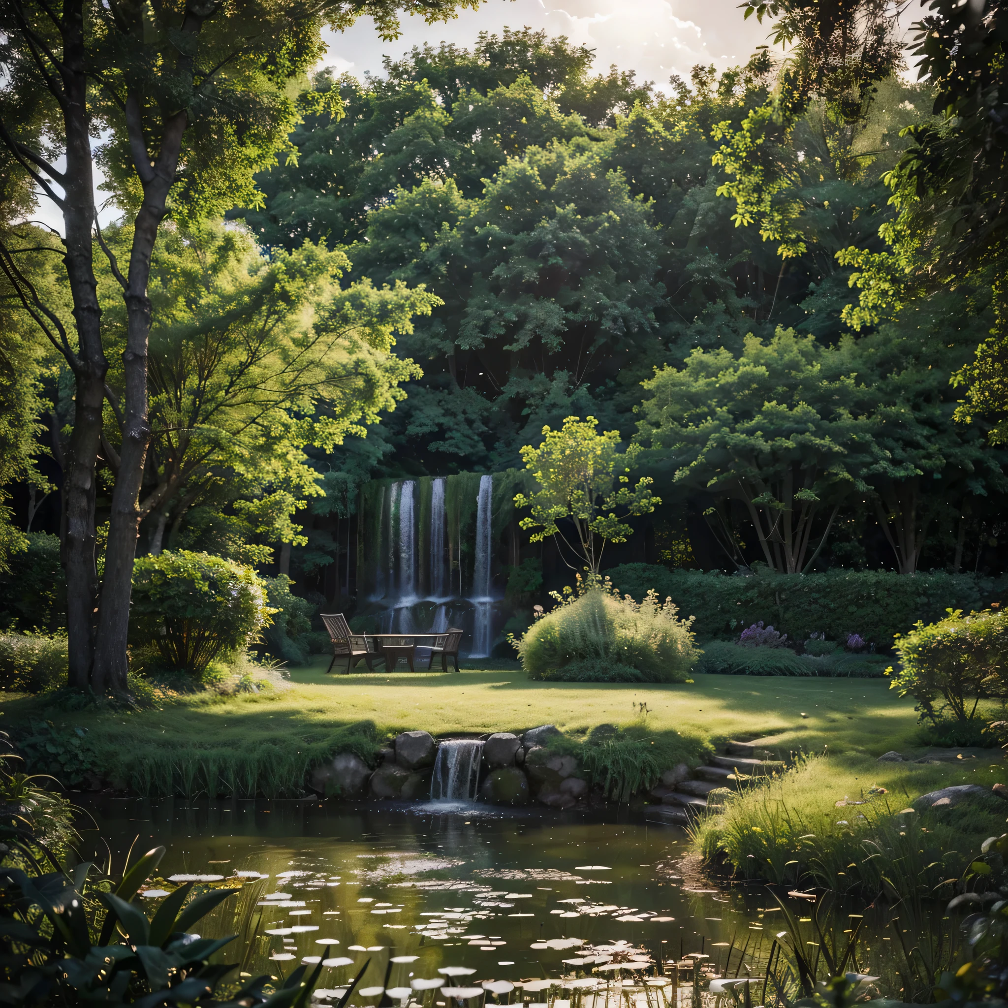 Detailed background,( Peaceful spring night scenery), Amidst the lush greenery, beautiful scenery, ,  early morning, sunrise sky, Beautiful clouds, Dappled sunlight, Outdoor seating, a lamp, Tranquil lake, Depth of Field, masterpiece, best quality, Extremely detailed, very beautiful, illustration, Perfect composition, Intricate details, absurd, Mood lighting, wisps of light, No humans, hyper realistic 8k ultra hd 