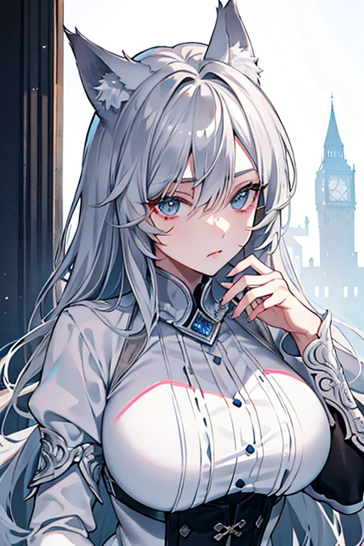 best qualtiy，tmasterpiece，The is very detailed，4K，Gray hair and shallow eyes，Drag cool expressions，Wolf ears，Erect scar on the left eye，British style，1girl，Absolutely beautiful, big bust, white costume