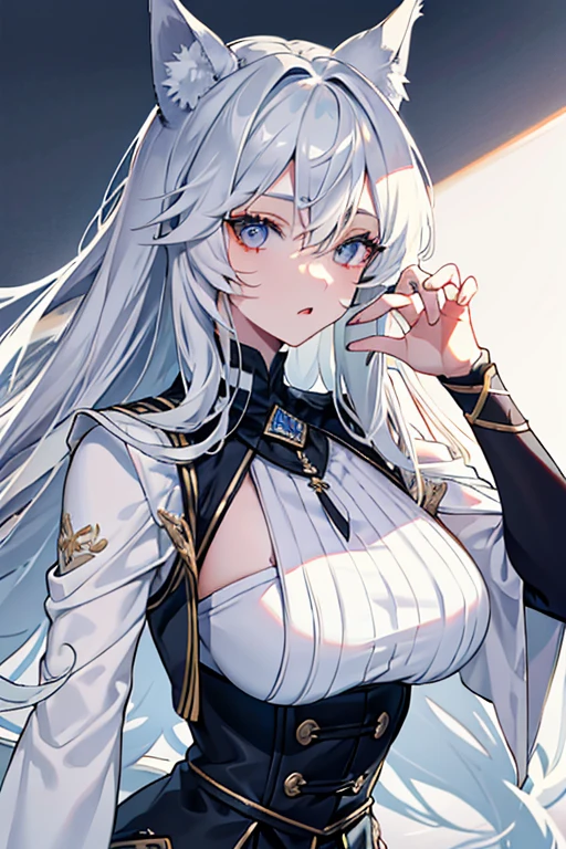 best qualtiy，tmasterpiece，The is very detailed，4K，Gray hair and shallow eyes，Drag cool expressions，Wolf ears，Erect scar on the left eye，British style，1girl，Absolutely beautiful, big bust, white costume