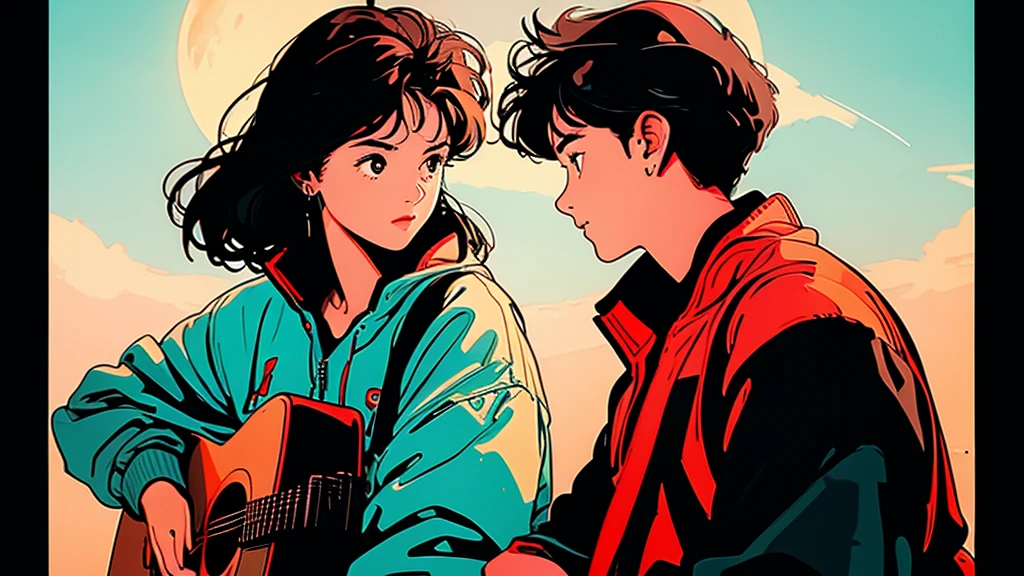 whole body, Upper Body、One beautiful woman, 4K, Warm colors , Full moon background、Playing the guitar、Complex background、