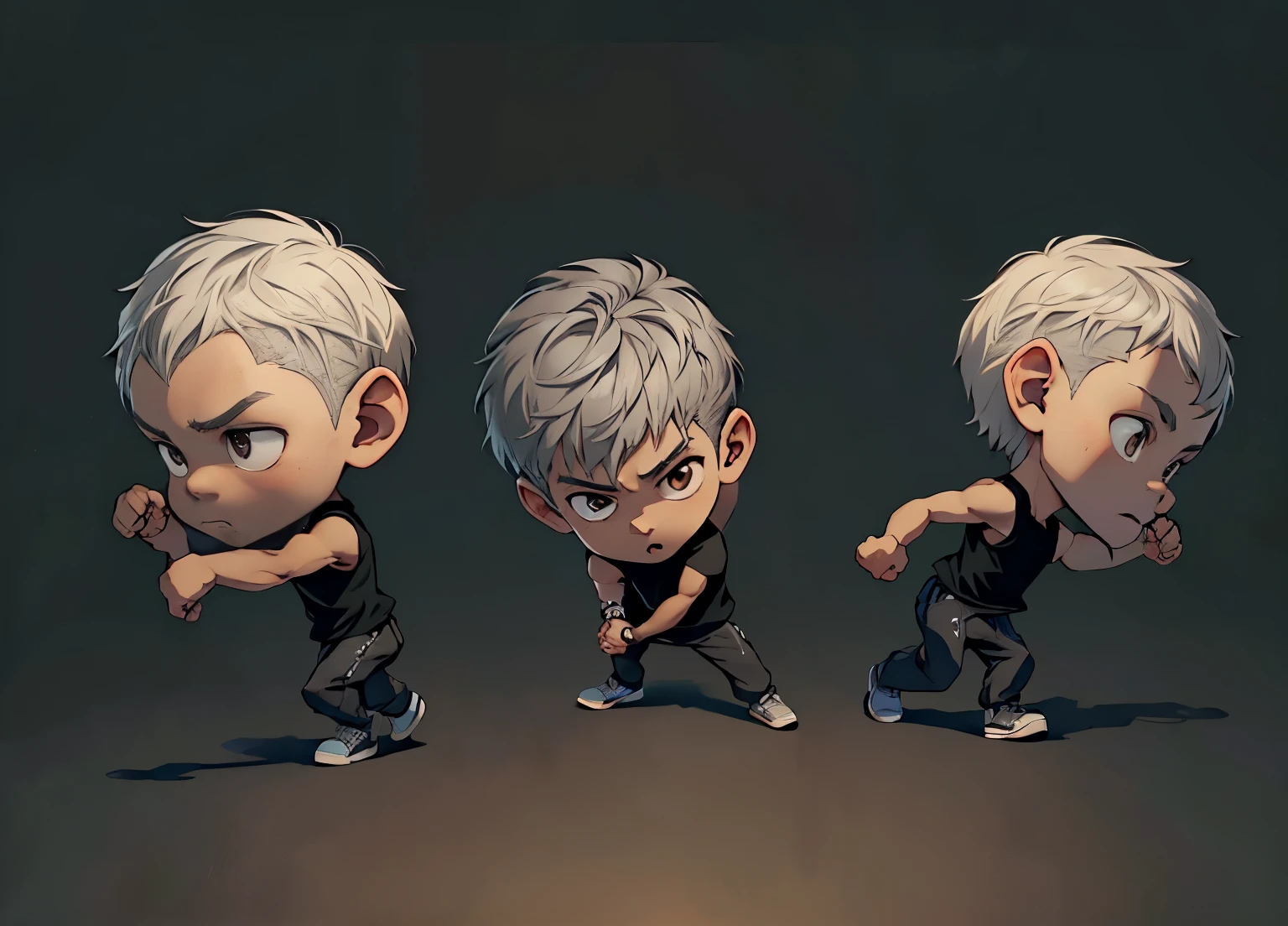 1boys, Full body, Serious face, brown eyes, ((gray hair)), medium length hair, wearing black sleeveless shirt, tuck in shirts, black tracksuit pants, black shoe, levitate on sky, blue sky, cloud, various sides view