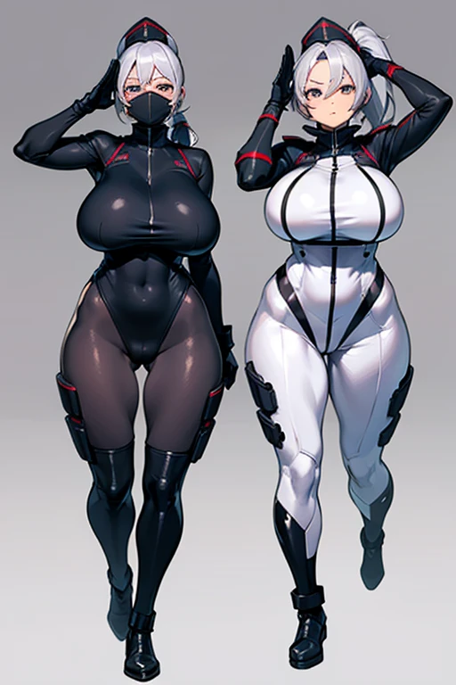 combatant girl, wide hips, full body, standing, revealing clothes, curvy, huge breasts, dark skin, silver hair, ponytail hairstyle, bodysuit, mask, hat, white background, militar salute, leotard