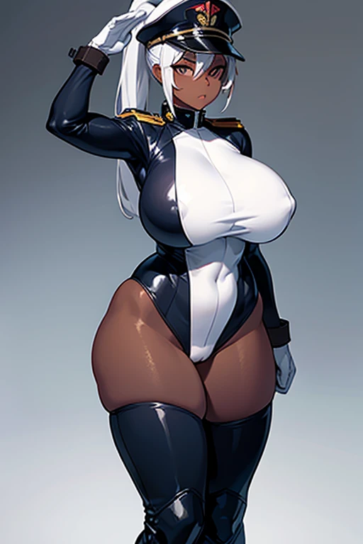 combatant girl, wide hips, full body, standing, revealing clothes, curvy, huge breasts, dark skin, silver hair, ponytail hairstyle, bodysuit, mask, hat, white background, militar salute, leotard