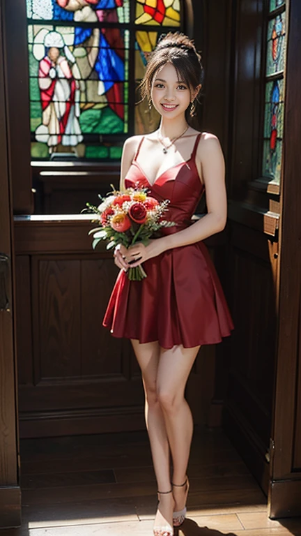 highest quality, Realistic, Very detailed, finely, High resolution, 8k wallpaper, Beautiful woman,, Brown hair short ponytail, (Red Shot-Todres), Perfect dynamic composition, finelyて美しい目, Ample , Realistic , smile, Model Body Type、Earrings,garnet necklace,tiara,(Holding a bouquet),Beautiful feet,(Church with beautiful stained glass),Full Body Shot:1.3,Smile and laugh,