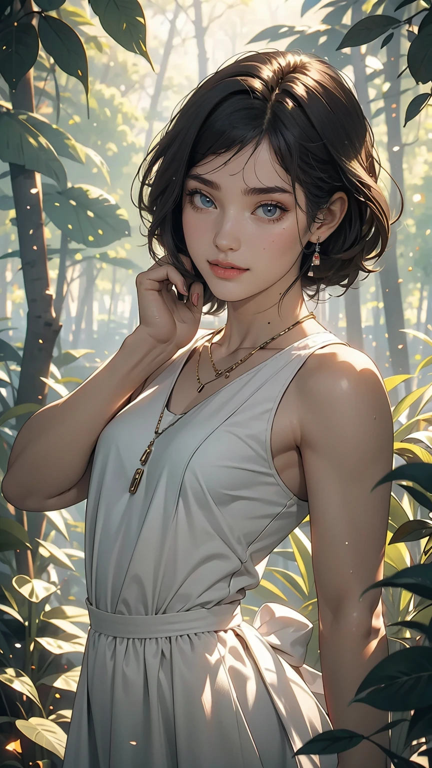 beautiful girl, (((((small)))), Show your face, Sticking out tongue, short hair, Brown, 8k, Professional photography, delicate, clear, in the forest, sun, Light leakage, masterpiece, (beautiful)))), (reality)))), smile, wonderful, Angel, young