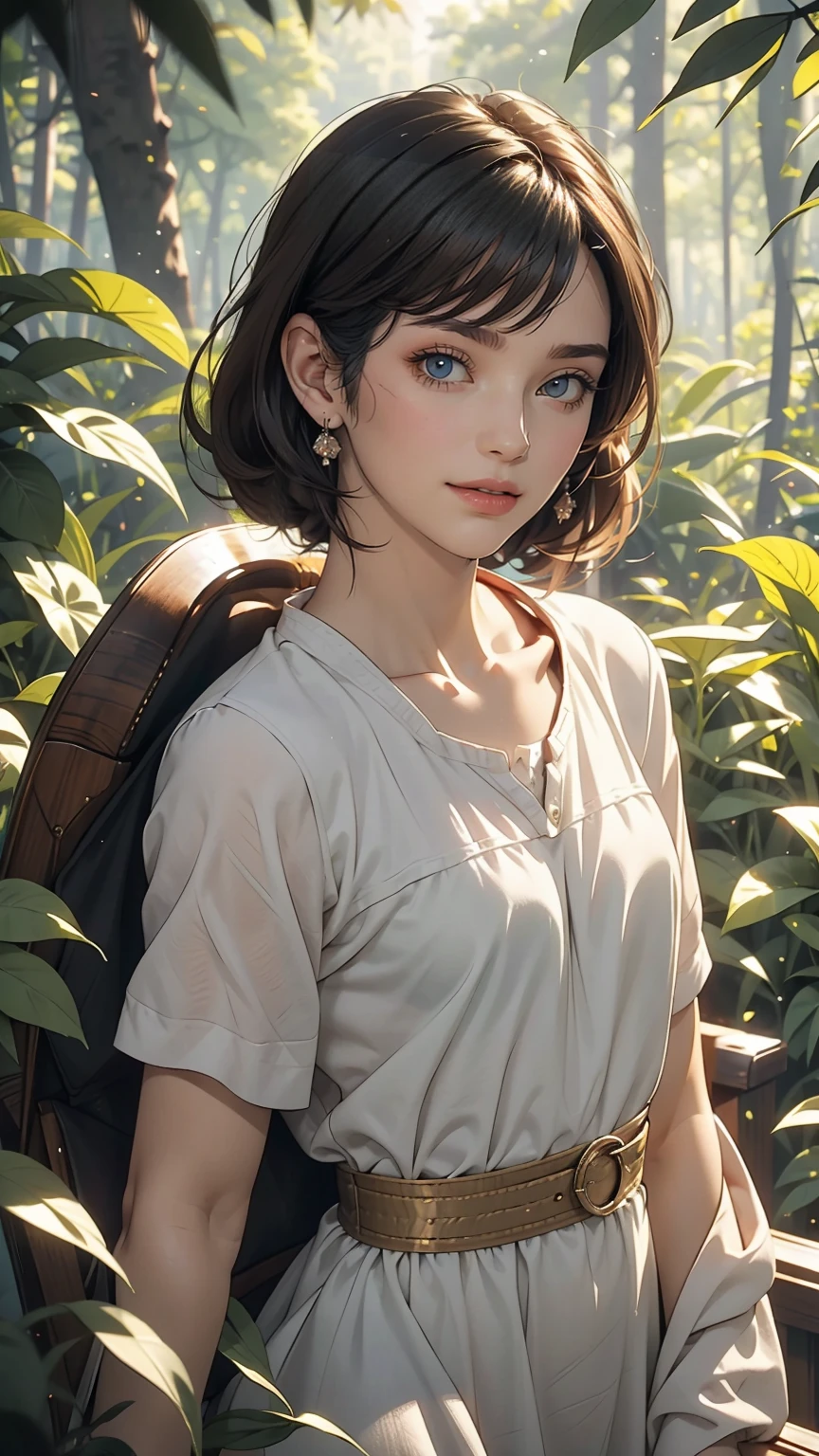 beautiful girl, (((((small)))), Show your face, Sticking out tongue, short hair, Brown, 8k, Professional photography, delicate, clear, in the forest, sun, Light leakage, masterpiece, (beautiful)))), (reality)))), smile, wonderful, Angel, young
