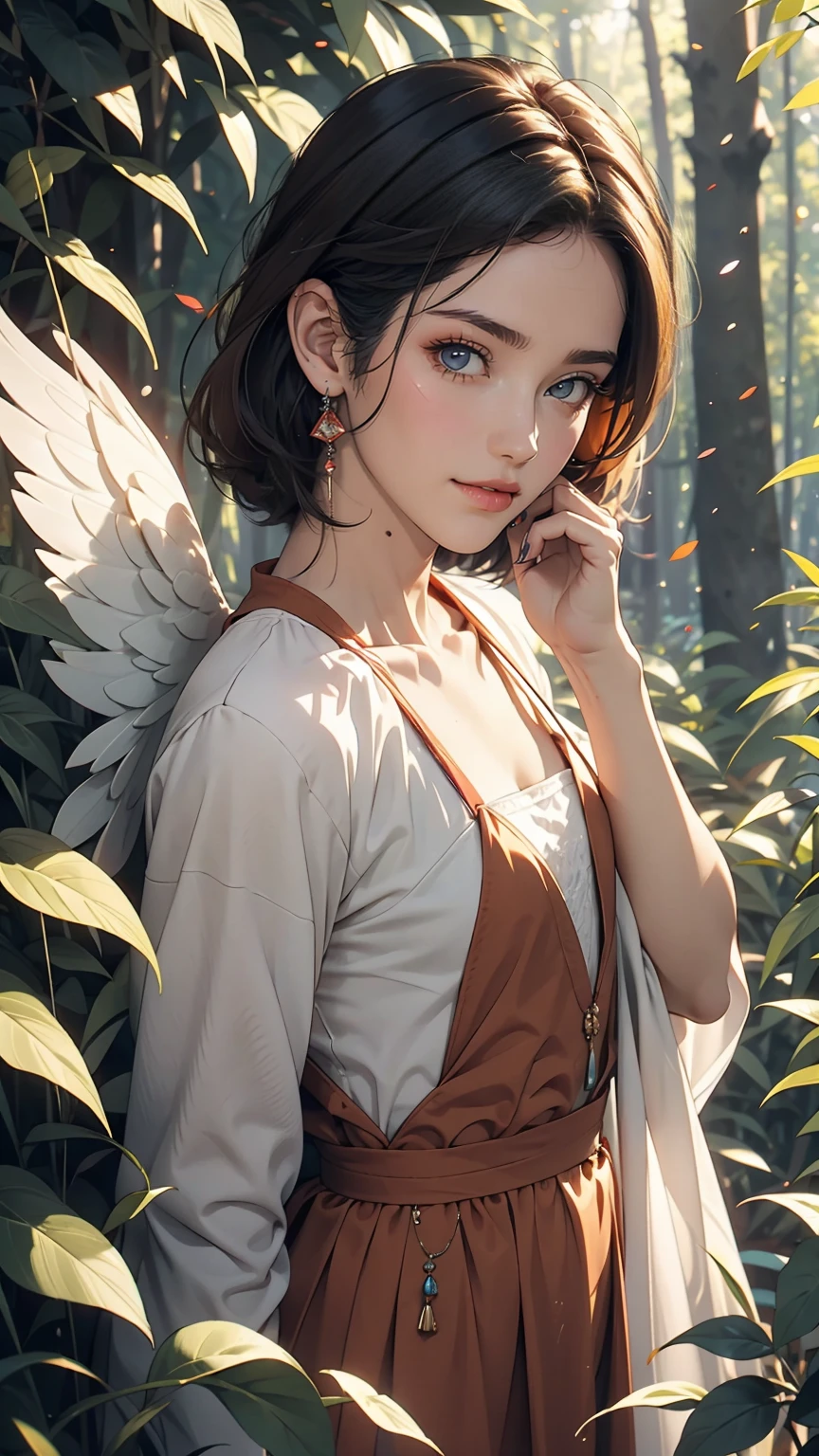 beautiful girl, (((((small)))), Show your face, Sticking out tongue, short hair, Brown, 8k, Professional photography, delicate, clear, in the forest, sun, Light leakage, masterpiece, (beautiful)))), (reality)))), smile, wonderful, Angel, young