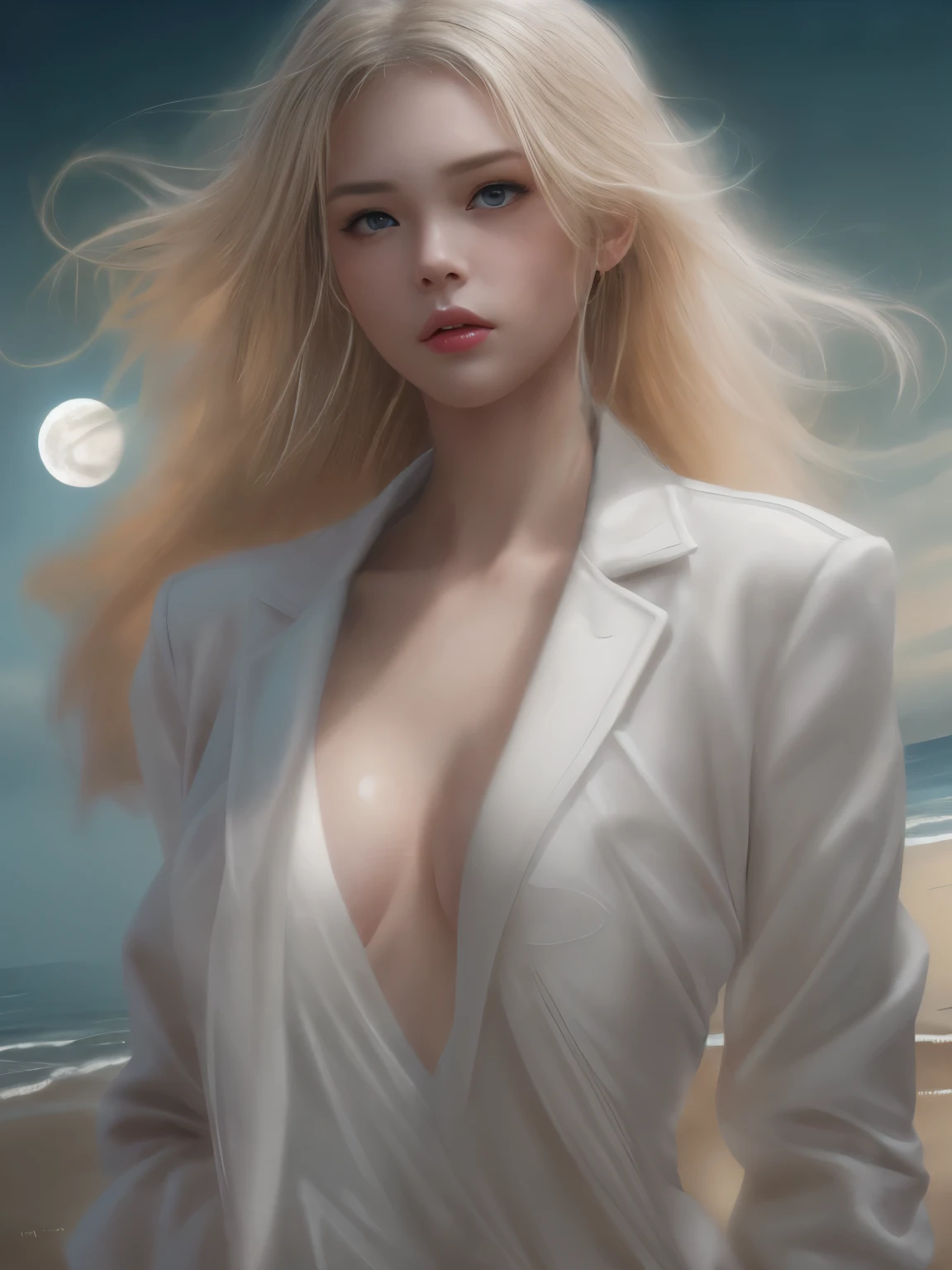 (One Girl),masterpiece, highest quality, (alone focus), (Perfect Face:1.1), (High detail:1.1), (Ultra-detailed eyes), dramatic, 1 person, (Pale skin), Long Blonde Hair, Psychic Eyes, (Thin eyebrows), alone, Long Hair, Jordan Barrett, moon, night, White luxury suit, Covered nave, Pouting, fur, Proud look, Beach, Detailed Background, Art by artgerm, Cinema Lighting, rose, fashion, Balenciaga Style,  Big firm bouncing Breasts