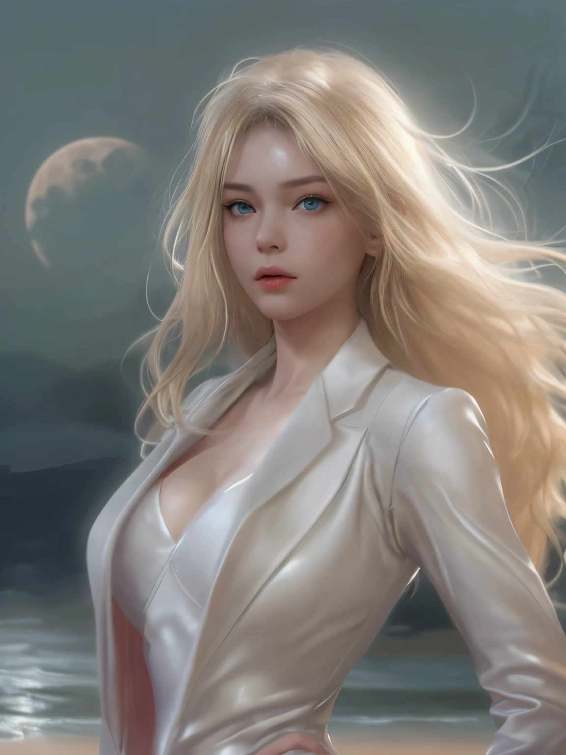 (One Girl),masterpiece, highest quality, (alone focus), (Perfect Face:1.1), (High detail:1.1), (Ultra-detailed eyes), dramatic, 1 person, (Pale skin), Long Blonde Hair, Psychic Eyes, (Thin eyebrows), alone, Long Hair, Jordan Barrett, moon, night, White luxury suit, Covered nave, Pouting, fur, Proud look, Beach, Detailed Background, Art by artgerm, Cinema Lighting, rose, fashion, Balenciaga Style,  Big firm bouncing Breasts