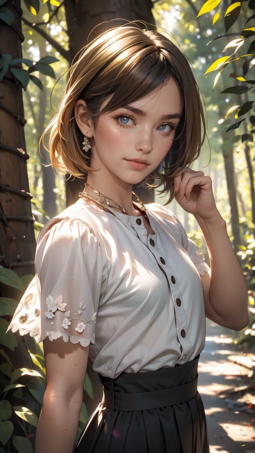 beautiful girl, (((((small)))), Show your face, Sticking out tongue, short hair, Brown, 8k, Professional photography, delicate, clear, in the forest, sun, Light leakage, masterpiece, (beautiful)))), (reality)))), smile, wonderful, Angel, young