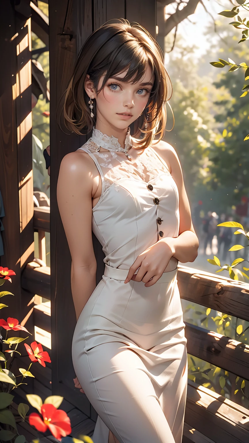 beautiful girl, (((((small)))), Show your face, Sticking out tongue, short hair, Brown, 8k, Professional photography, delicate, clear, in the forest, sun, Light leakage, masterpiece, (beautiful)))), (reality)))), smile, wonderful, Angel, young