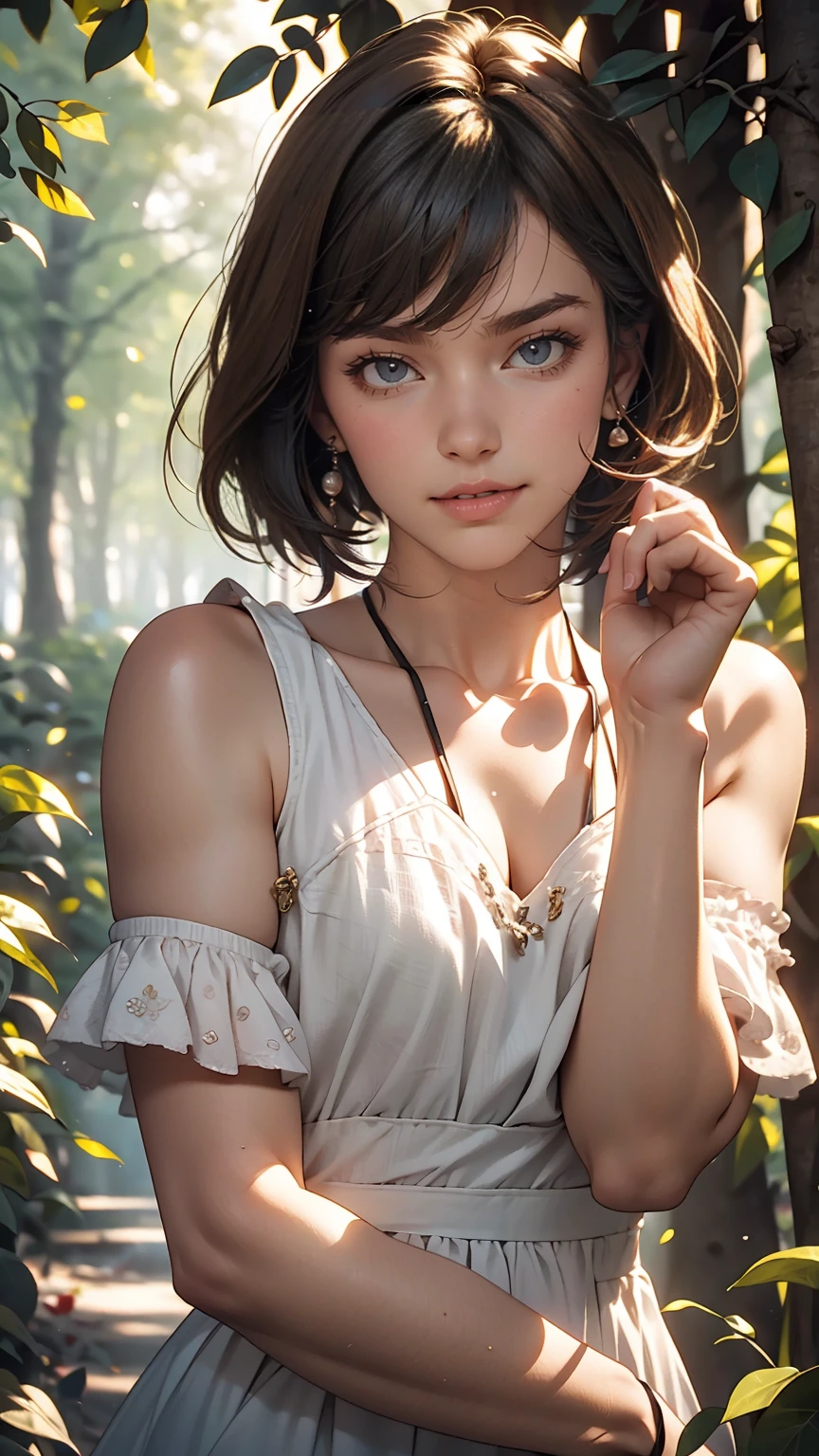 beautiful girl, (((((small)))), Show your face, Sticking out tongue, short hair, Brown, 8k, Professional photography, delicate, clear, in the forest, sun, Light leakage, masterpiece, (beautiful)))), (reality)))), smile, wonderful, Angel, young