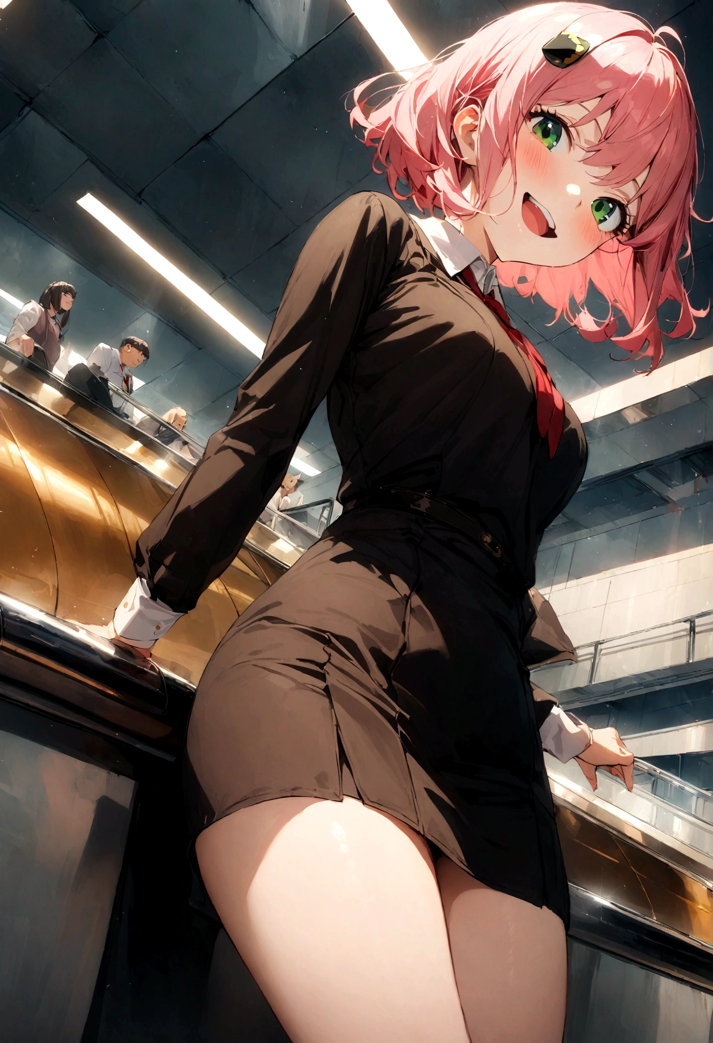 solo, 1girl, Anya forger/(spy x family/), masterpiece, best quality, very aesthetic, absurdres, pink hair, green eyes, short hair, black dress, collared shirt, smile, open mouth, looking at viewer, from side, sitting, desk, table, hair ornament
escalator,commercial facility,summary,Carboy Shot,pantyshot,from below,
nsfw,very aesthetic,masterpiece,best quality,official art,