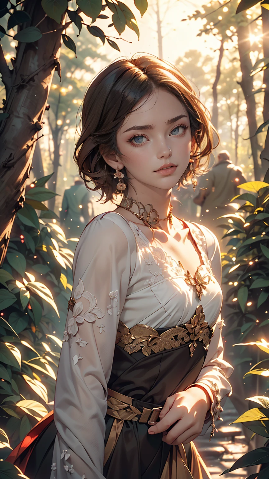 beautiful girl, (((((small)))), Show your face, Sticking out tongue, short hair, Brown, 8k, Professional photography, delicate, clear, in the forest, sun, Light leakage, masterpiece, (beautiful)))), (reality)))), smile, wonderful, Angel, young
