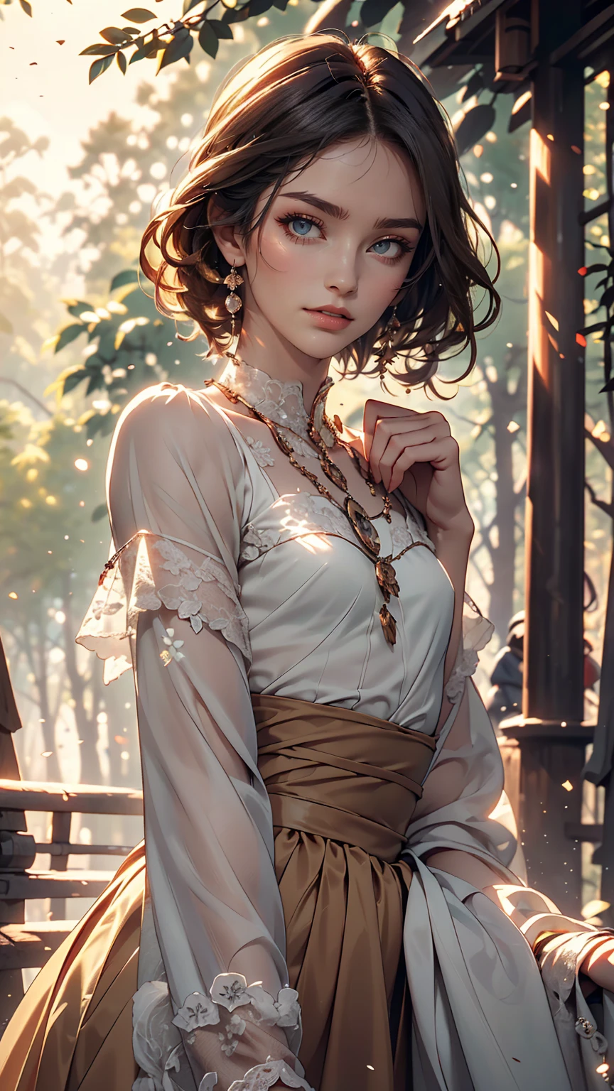 beautiful girl, (((((small)))), Show your face, Sticking out tongue, short hair, Brown, 8k, Professional photography, delicate, clear, in the forest, sun, Light leakage, masterpiece, (beautiful)))), (reality)))), smile, wonderful, Angel, young