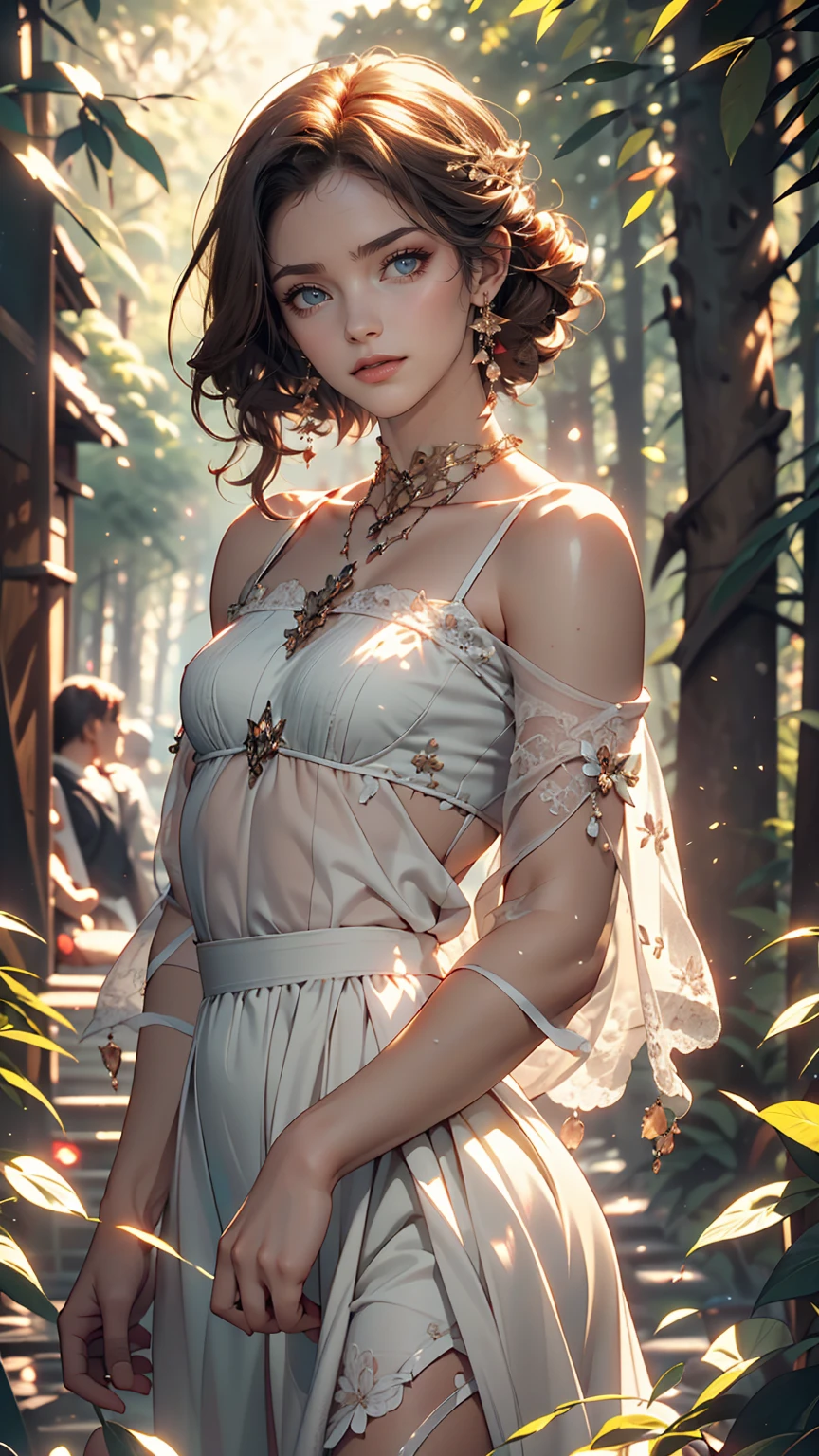 beautiful girl, (((((small)))), Show your face, Sticking out tongue, short hair, Brown, 8k, Professional photography, delicate, clear, in the forest, sun, Light leakage, masterpiece, (beautiful)))), (reality)))), smile, wonderful, Angel, young