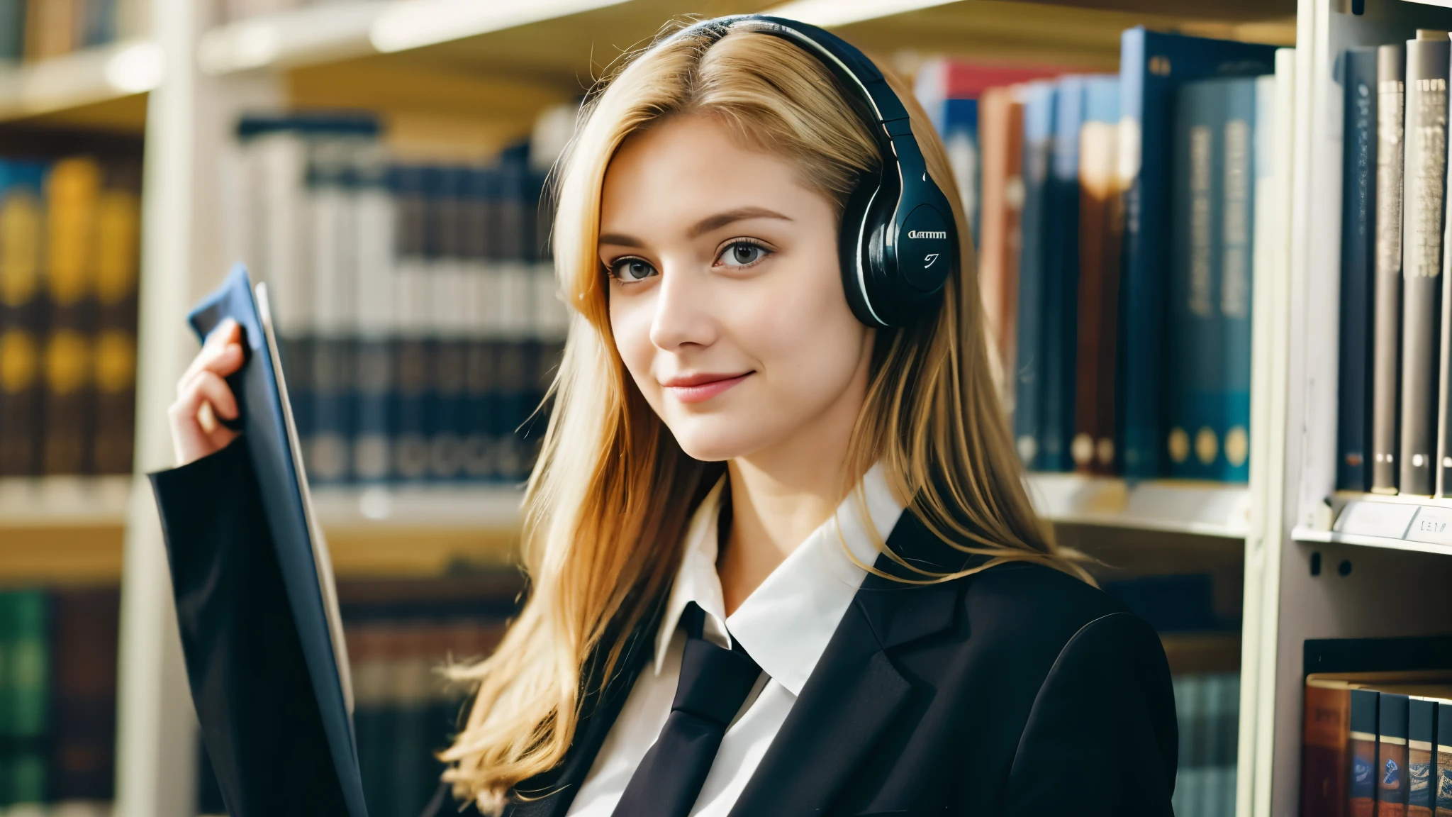 Beautiful blonde in a black suit (Holding a thick book in a library at dusk),Wearing headphones,Very detailed, 21 years old, Innocent face, Naturally Wavy Hair, blue eyes, High resolution, masterpiece, highest quality, Intricate details, Very detailed, Clear focus, Delicate skin, practical skin texture, texture, Delicate eyes, Professional, 4K, Cute Smile, Shot with Canon, 85mm, Shallow and deep, Kodak Vision Color, Exactly, Very detailed, photograph_\(Extremist\), photographpractical, practical, Post-processing, Maximum details, Roughness, Real Life, Extremist practical, Photorealism, photographgraphy, 8K Ultra HD, photographgraphy
