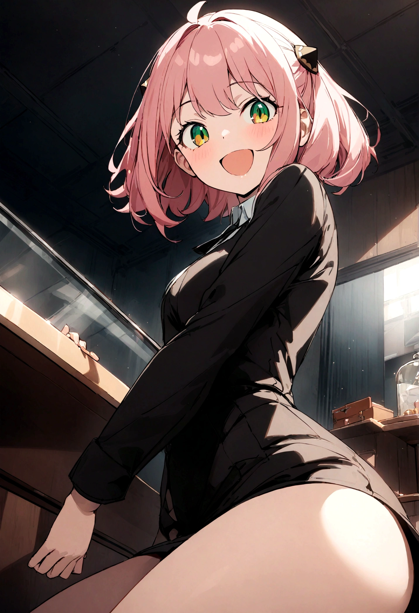 solo, 1girl, Anya forger/(spy x family/), masterpiece, best quality, very aesthetic, absurdres, pink hair, green eyes, short hair, black dress, collared shirt, smile, open mouth, looking at viewer, from side, sitting, desk, table, hair ornament
escalator,commercial facility,summary,Carboy Shot,pantyshot,from below,very aesthetic,masterpiece,best quality,official art,