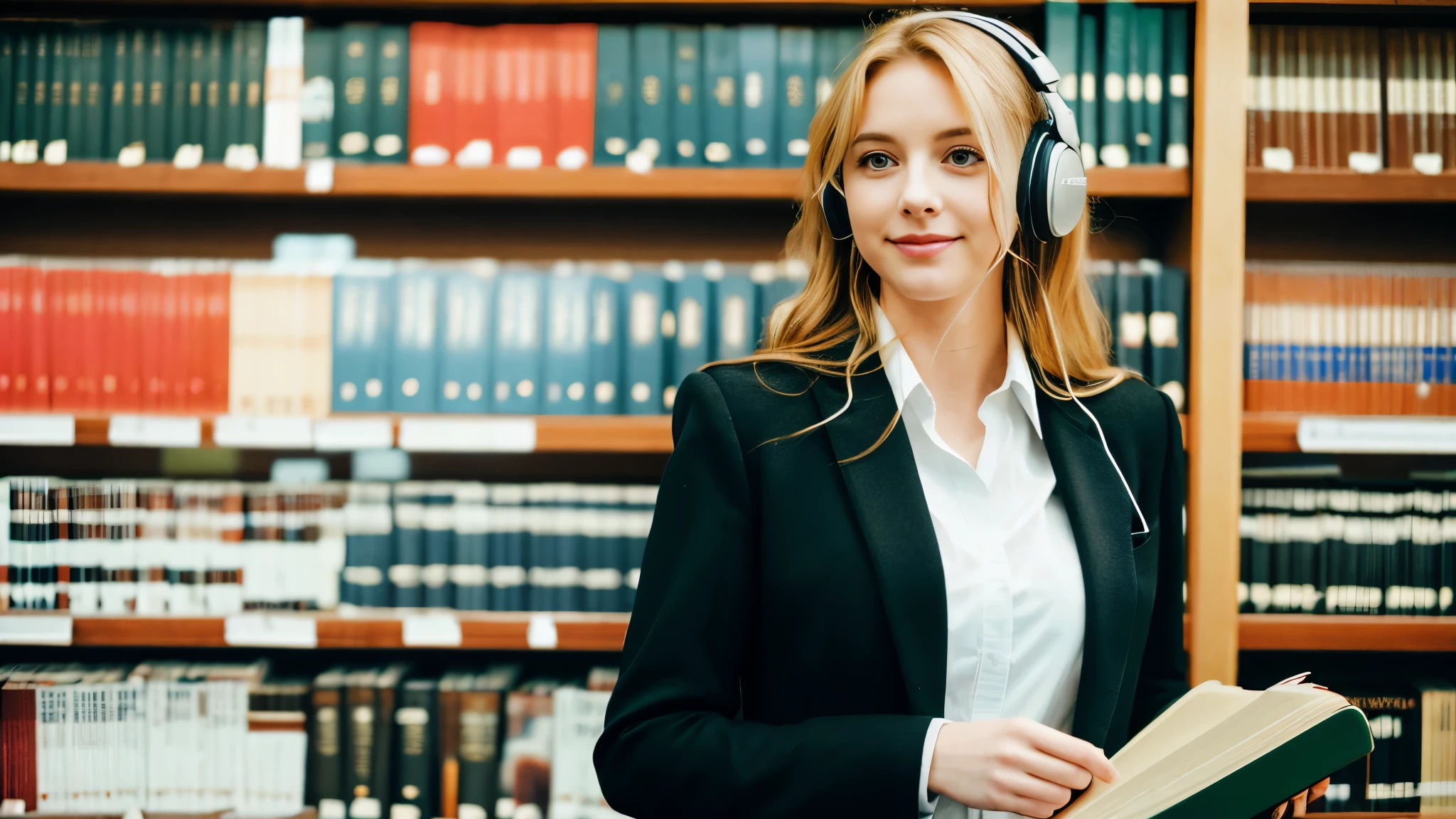 Beautiful blonde in a black suit (Holding a thick book in a library at dusk),Wearing headphones,Very detailed, 21 years old, Innocent face, Naturally Wavy Hair, blue eyes, High resolution, masterpiece, highest quality, Intricate details, Very detailed, Clear focus, Delicate skin, practical skin texture, texture, Delicate eyes, Professional, 4K, Cute Smile, Shot with Canon, 85mm, Shallow and deep, Kodak Vision Color, Exactly, Very detailed, photograph_\(Extremist\), photographpractical, practical, Post-processing, Maximum details, Roughness, Real Life, Extremist practical, Photorealism, photographgraphy, 8K Ultra HD, photographgraphy