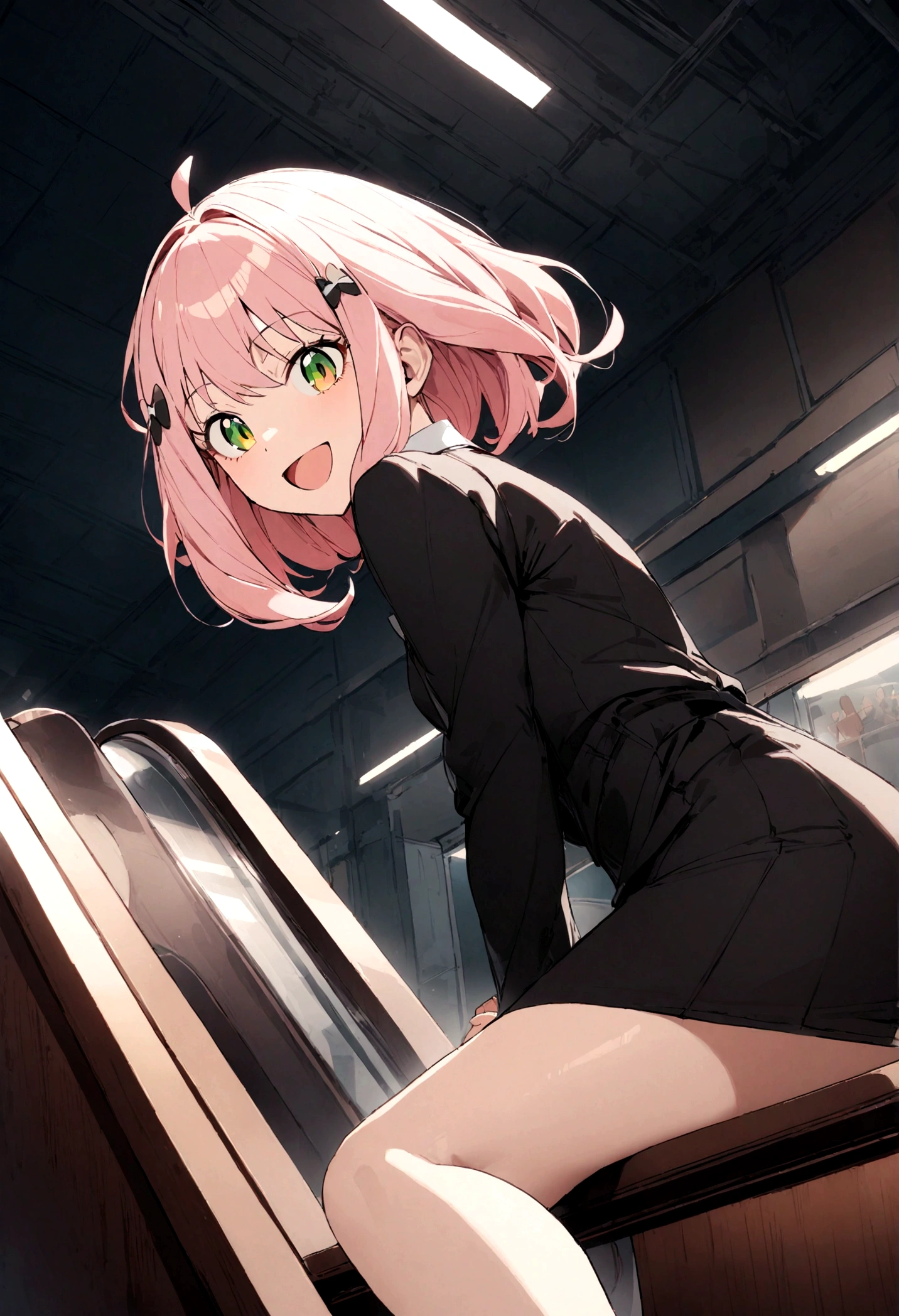 solo, 1girl, Anya forger/(spy x family/), masterpiece, best quality, very aesthetic, absurdres, pink hair, green eyes, short hair, black dress, collared shirt, smile, open mouth, looking at viewer, from side, sitting, desk, table, hair ornament
escalator,commercial facility,summary,Carboy Shot,pantyshot,from below,very aesthetic,masterpiece,best quality,official art,