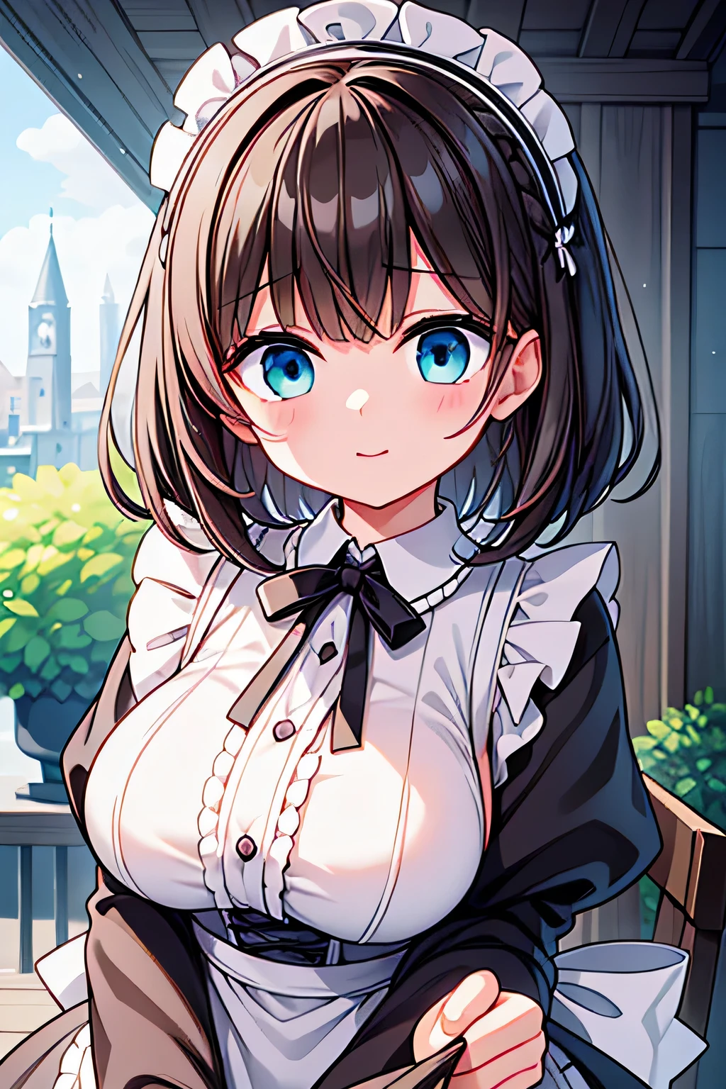 highest quality、High resolution、Detailed Background、(Beautiful face in every detail:1.4)、Anatomically correct、(Detailed facial expressions)、(Detailed eyes:1.2)、(Detailed eyes:1.2)、Beautiful women in their 20s、(Highly detailed face:1.4)、Braided Ponytail、Bobcut、Brown Hair、Black Hair、well-groomed eyebrows、cute eye makeup、Cute Lip Makeup、(Huge breasts:1.3)、Accentuate your breasts、Accentuate your cleavage、Glasses、laughing、Smiling、smile、A fun atmosphere、Buckingham Palace、Chateau de Versailles、Windsor Castle、
(Three beauties from A fun atmosphere with architecture in the background:1.5)、
Pair a black dress with a white apron、The frills and ribbon design on the apron add a nice accent.、
A soft arrangement with pastel colors will give you a cute impression.、Try choosing colors like pink and mint green.、
Lace and chiffon materials add a feminine and delicate touch.、Sleeves and aprons made with lace and chiffon、Try incorporating it into your design、
Ribbons and head accessories can add cuteness and accents.、Try adding ribbons to your dress or apron, or matching it with a headband or ribbon hair accessory.、Consider the appropriate accessories and shoes depending on the occasion and event you will be wearing it for.、cute