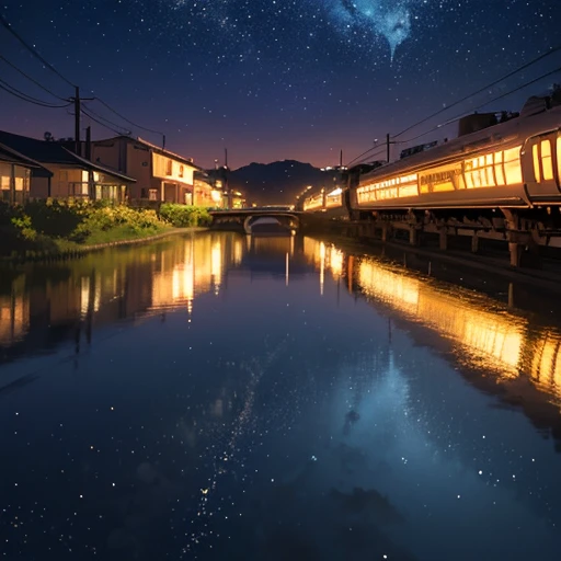 masterpiece, Animated train passing through water on the tracks, Bright starry sky. Romantic Train, Makoto Shinkai's picture, Pixiv, Concept Art, Lofi Art style, reflection. by makoto shinkai, Lofi Art, Beautiful anime scene, Anime scenery, Detailed Landscape — Width 672, in Makoto Shinkai's Style, Makoto Shinkai's Style, Enhanced Details.