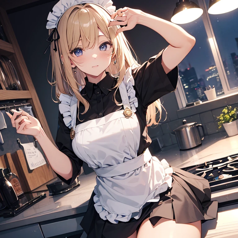 A maids, (in kitchen), various hair styles, night, details face, short skirt, seducing, sleeveless, maid uniform, armpits