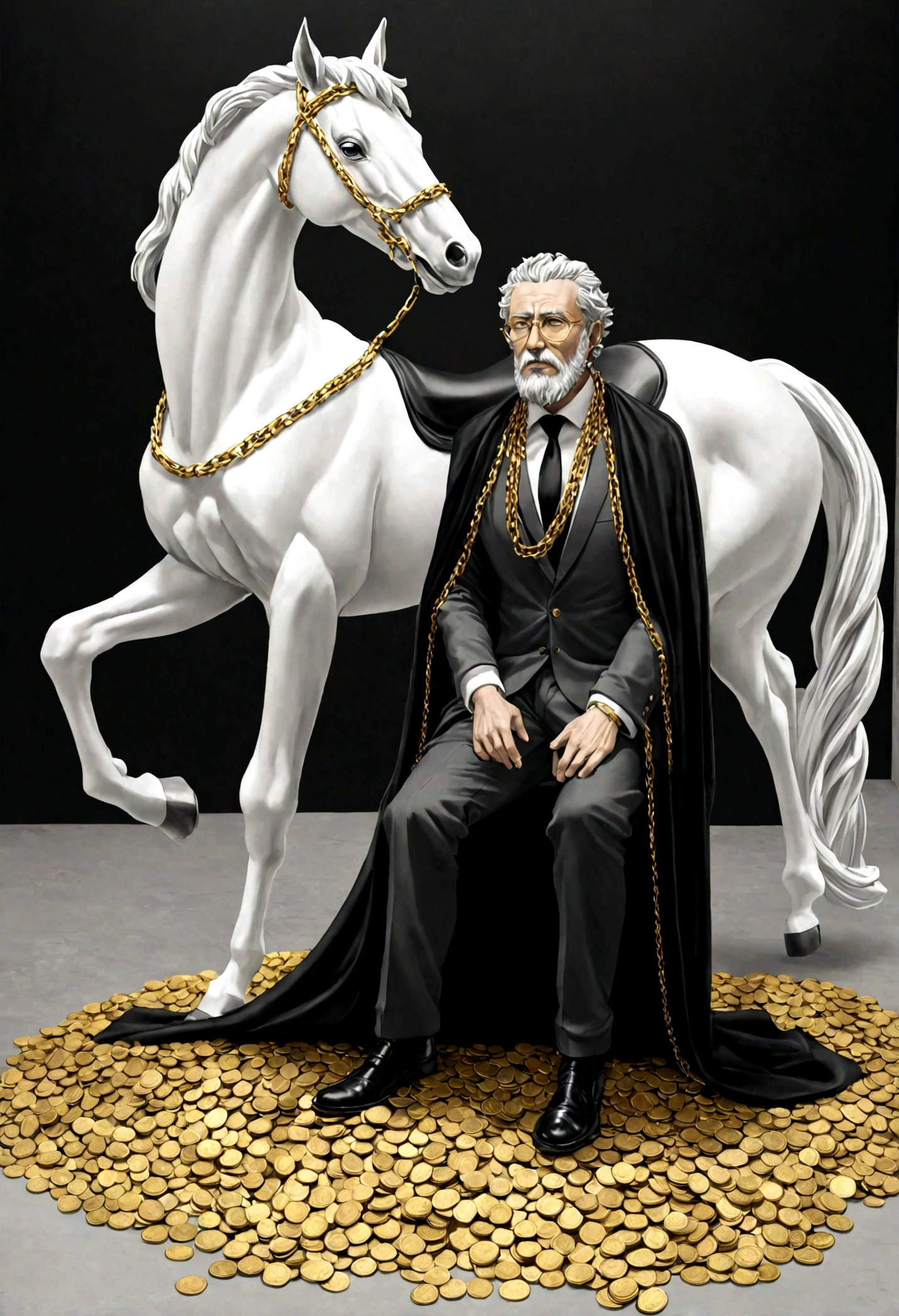 I want a sculpture of stoic philosophers with a black and white background. The picture should focus on the philosphers holding money or in a meeting and showing wealth. It should be a full-body sculpture with walls or buildings in the back ground. Hyper realistic wearing the gold chain glasses several gold coin tered on the floor Best for creating fairy horse style and sharp lines.