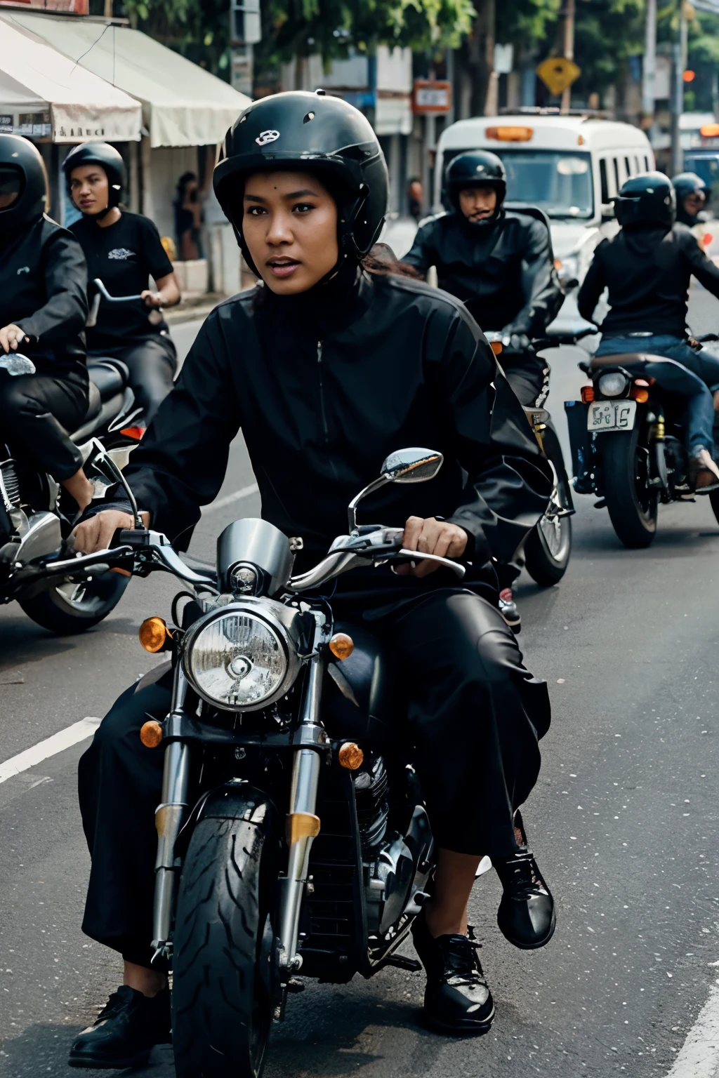 a funk woman wearing black clothes rode a motorbike with her gang on the main road and was chased by a ustadz