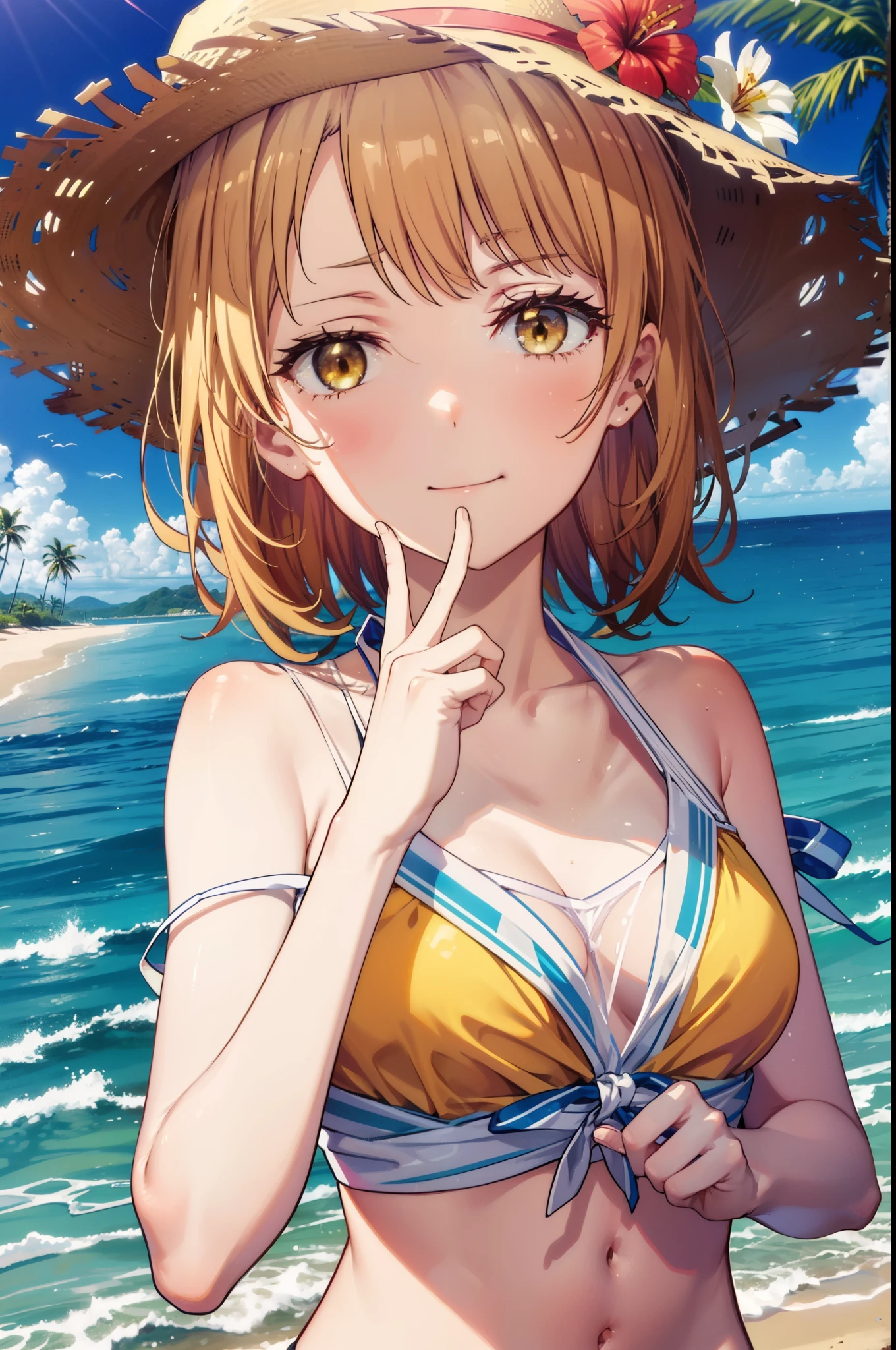 irohaisshiki, iroha isshiki, short hair, Brown Hair, (Brown eyes:1.5), smile,Yellow bikini swimsuit,Hibiscus hair accessory,Oversized shoulder t-shirt,barefoot,Big straw hat,Palm tree,Clear skies,whole bodyがイラストに入るように,Walking,
break outdoors, Beach,Sandy Beach,
break looking at viewer,whole body,
break (masterpiece:1.2), highest quality, High resolution, unity 8k wallpaper, (figure:0.8), (Beautiful fine details:1.6), Highly detailed face, Perfect lighting, Highly detailed CG, (Perfect hands, Perfect Anatomy),