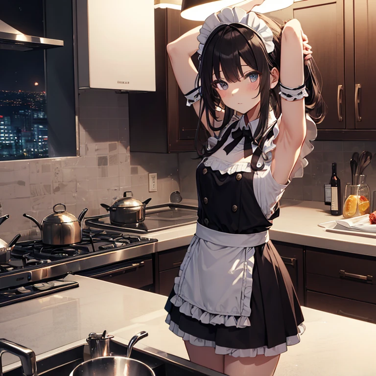 A maids, (in kitchen), various hair styles, night, details face, short skirt, seducing, sleeveless, maid uniform, armpits